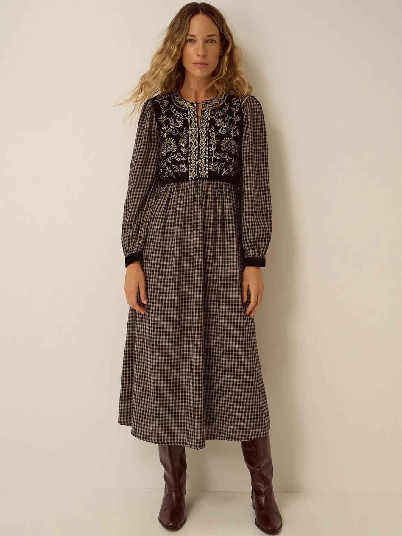 Image 1 of 5 of Monsoon Womens Embroidered Velvet Button-Through Midi Dress - Black