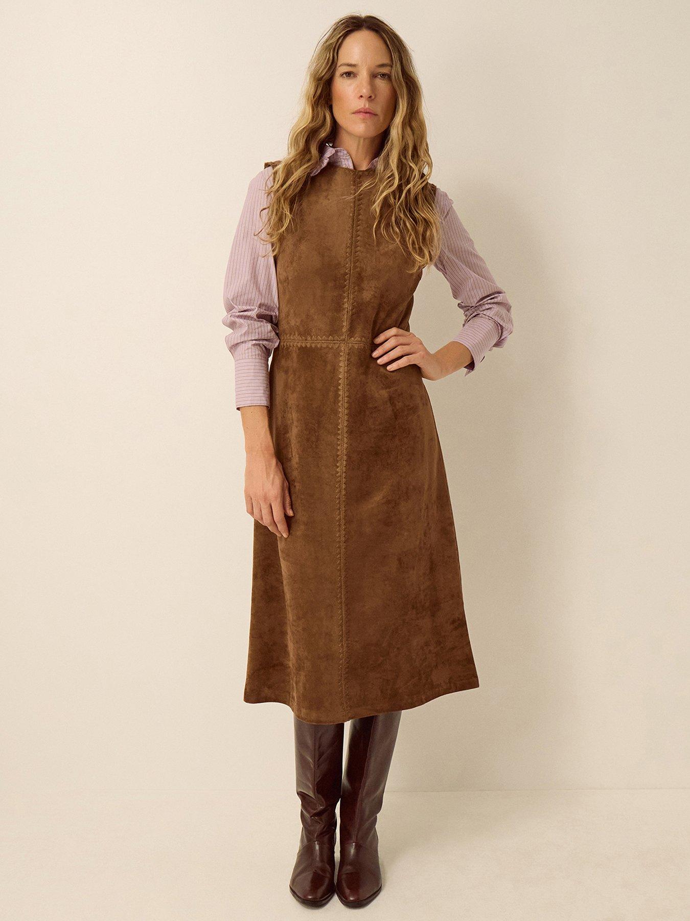 Monsoon Josie Sleeveless Faux Suede Midi Dress - Brown