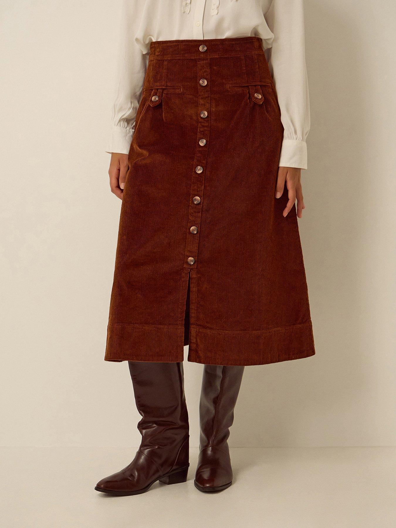 Image 1 of 4 of Monsoon Womens Button-Through Split Midi Skirt - Brown