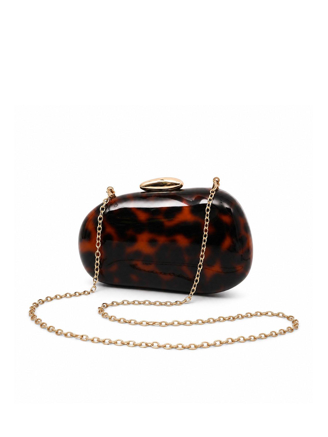 Image 1 of 5 of Glamorous Hard Shell Tortoiseshell Effect Clutch Bag with Chain Shoulder Strap - Brown