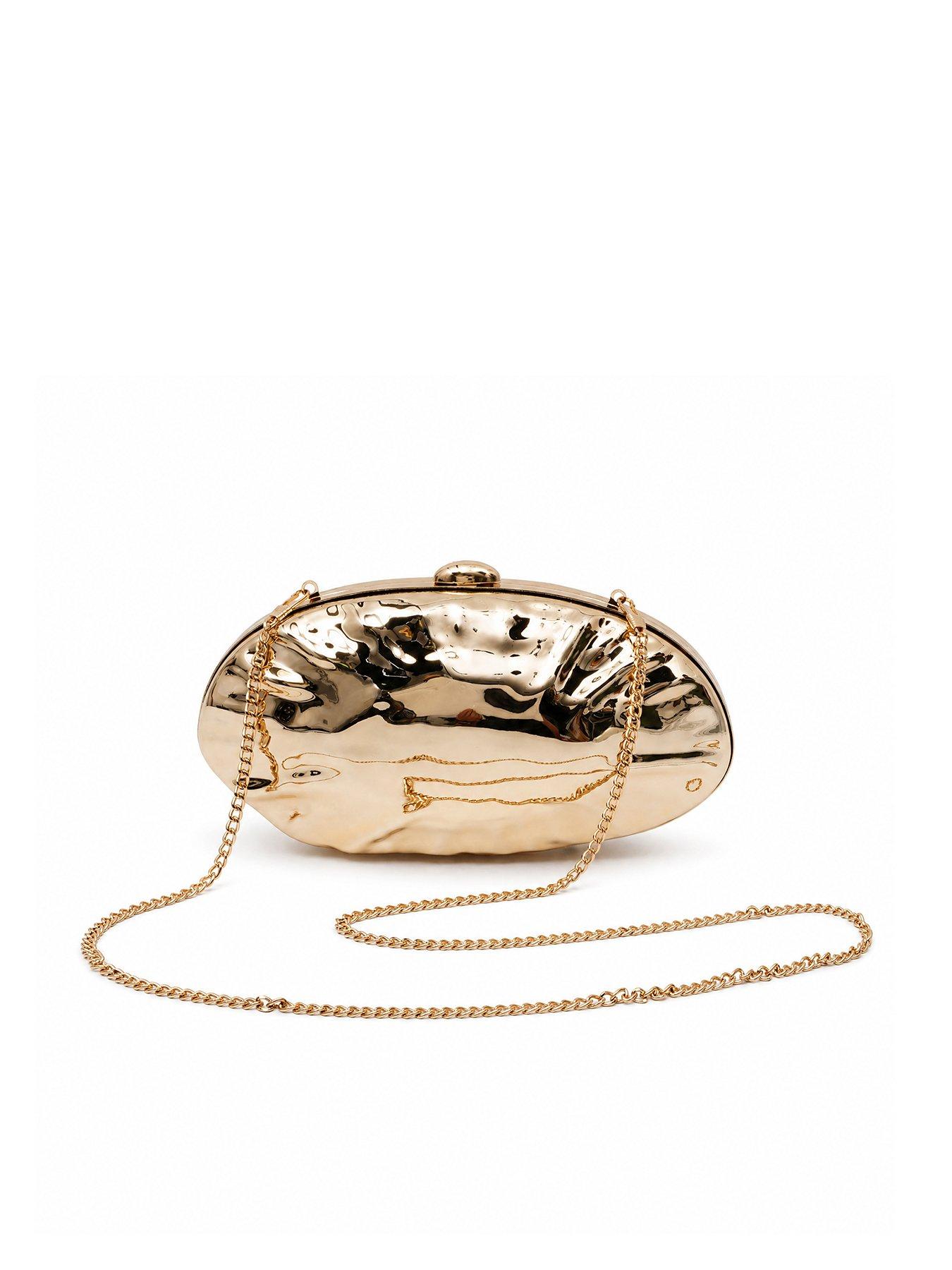 Image 1 of 5 of Glamorous Hard Shell Metallic Clutch Bag with Chain Shoulder Strap - Gold