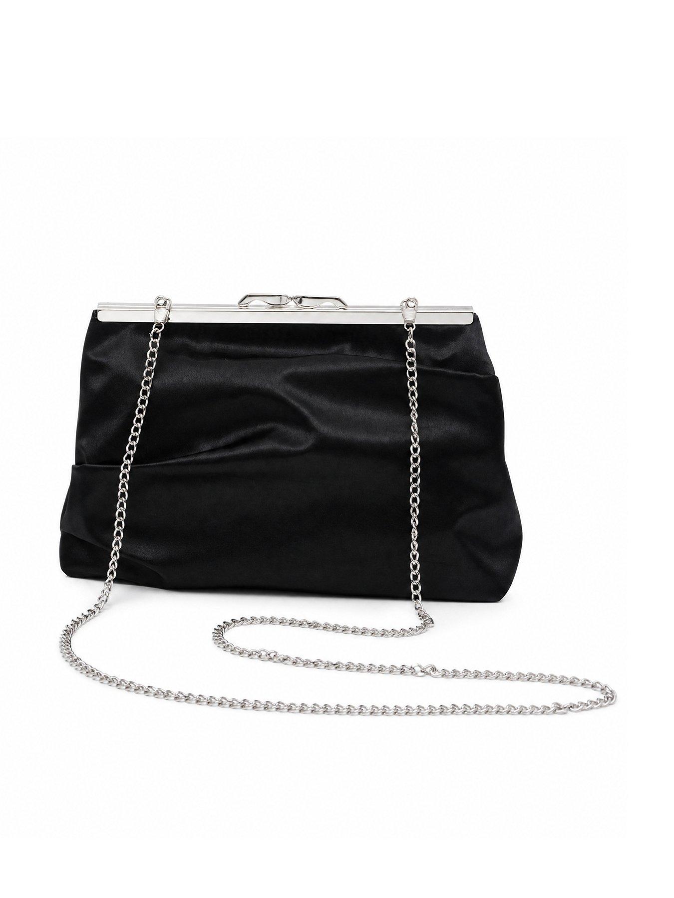 Image 1 of 5 of Glamorous Framed Satin Clutch Bag with Chain Shoulder Strap - Black