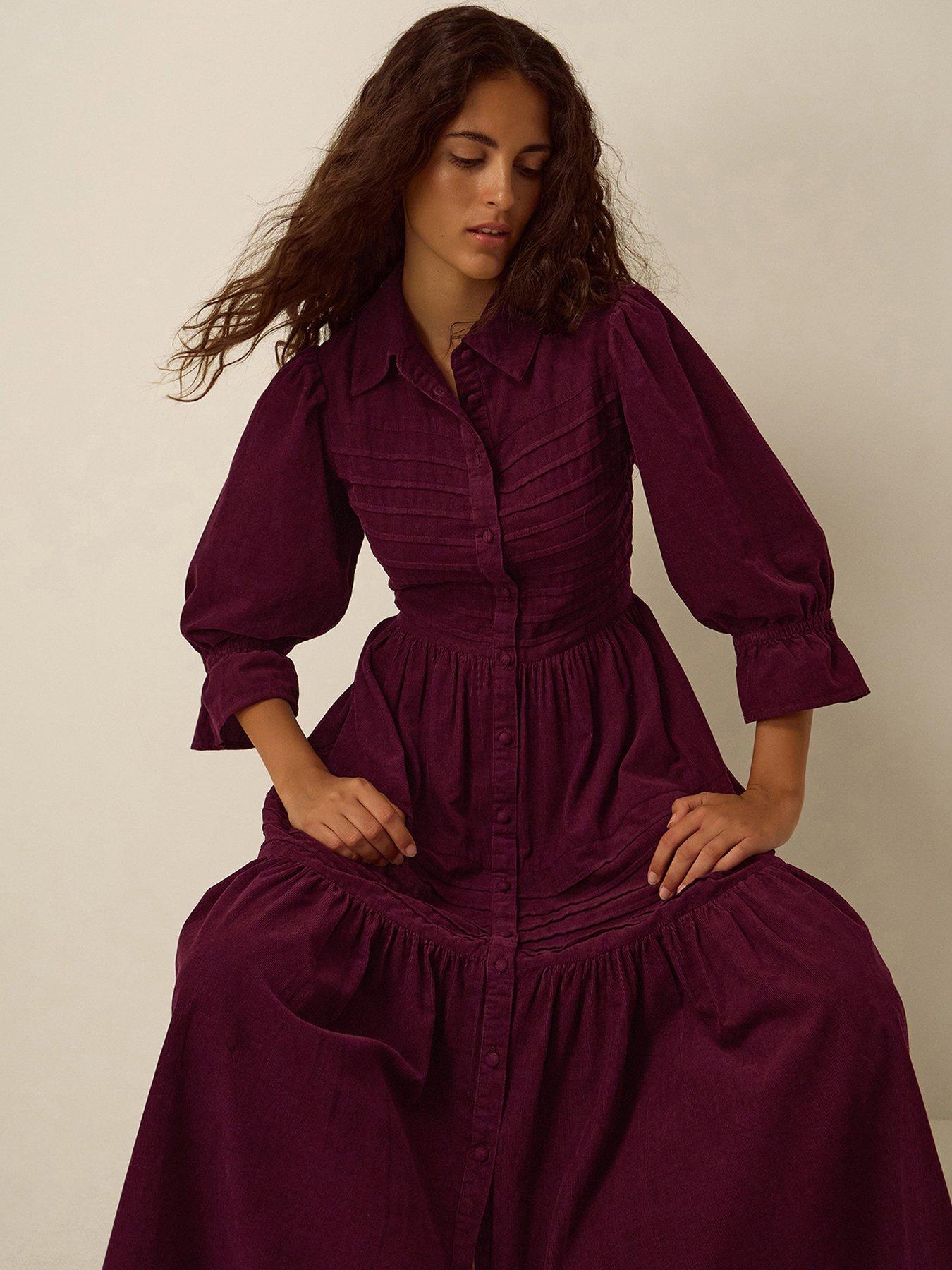 Image 1 of 4 of Monsoon Womens Button-Through Tiered Puff Sleeve Dress - Red