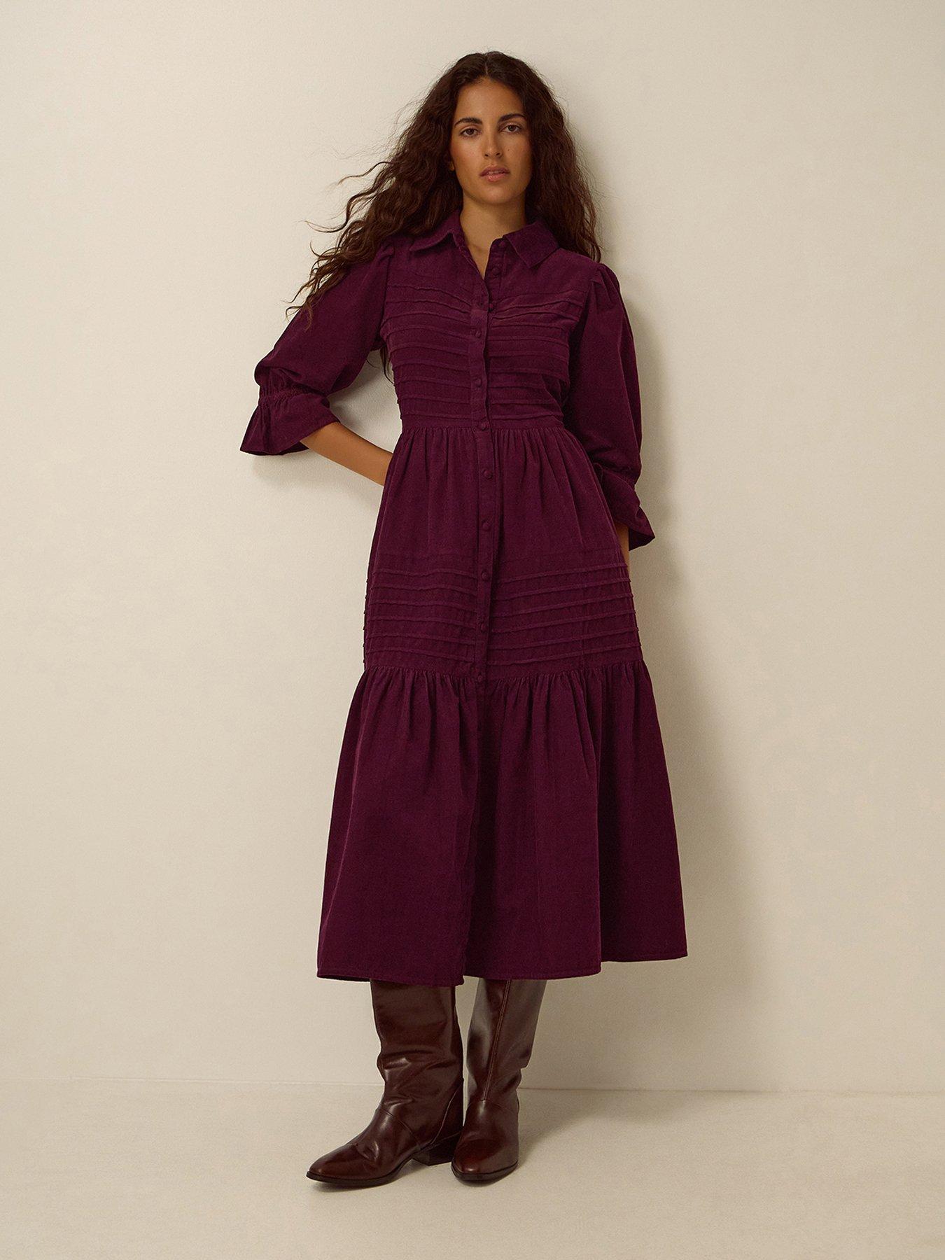 Image 3 of 4 of Monsoon Womens Button-Through Tiered Puff Sleeve Dress - Red
