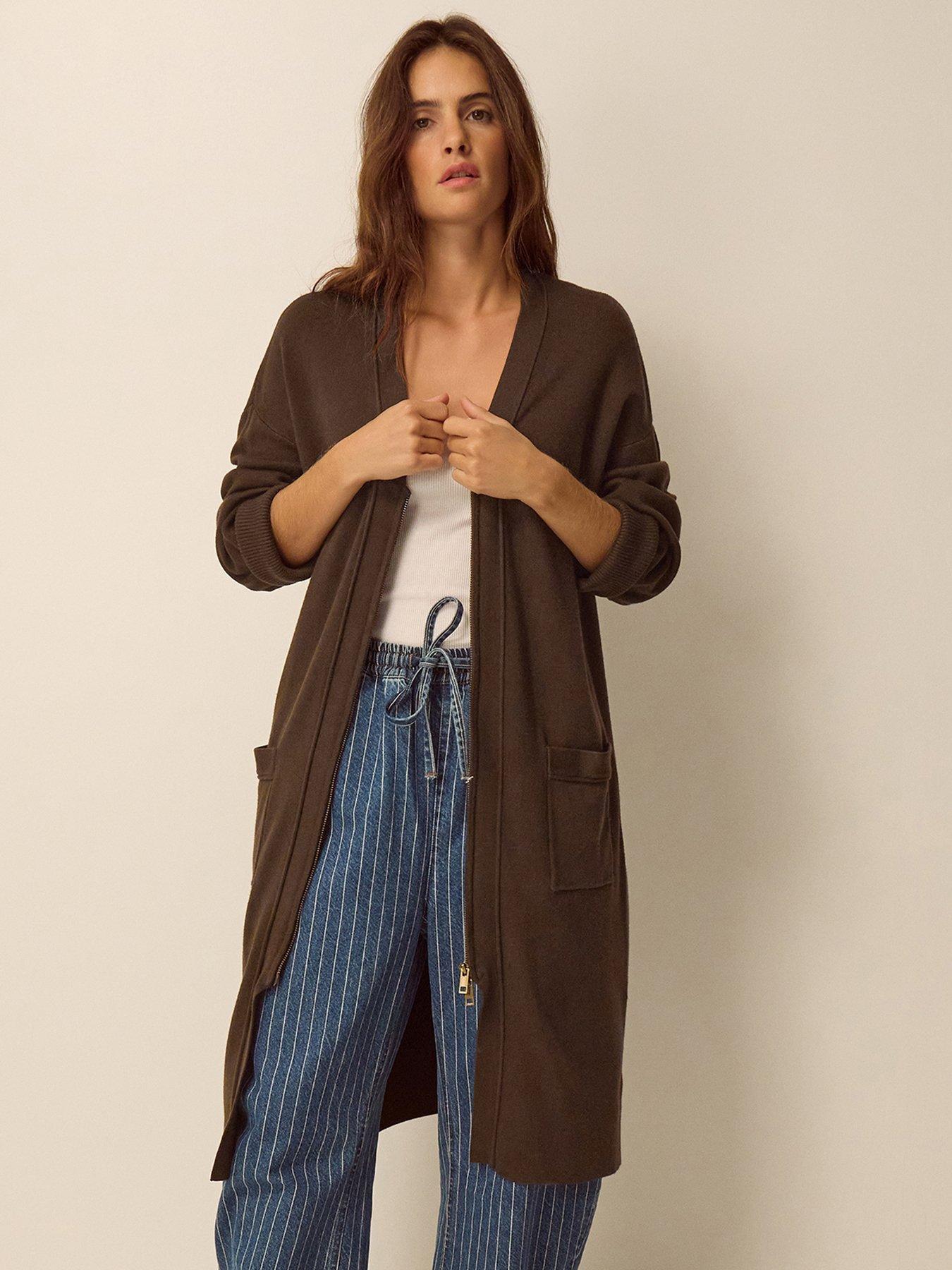Image 3 of 5 of Monsoon Womens Zuri Longline Zip V-Neck Cardigan - Brown