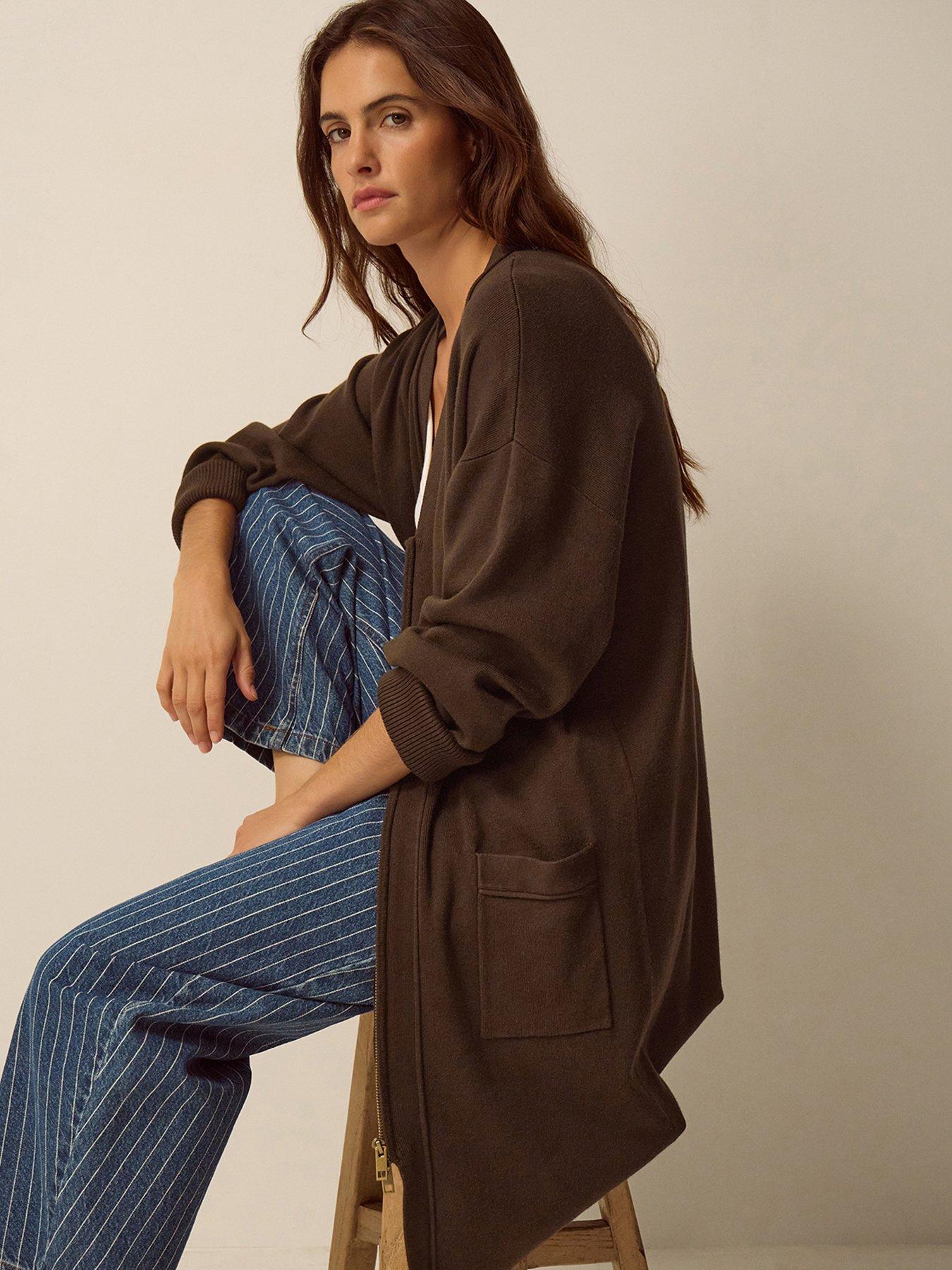 Image 4 of 5 of Monsoon Womens Zuri Longline Zip V-Neck Cardigan - Brown