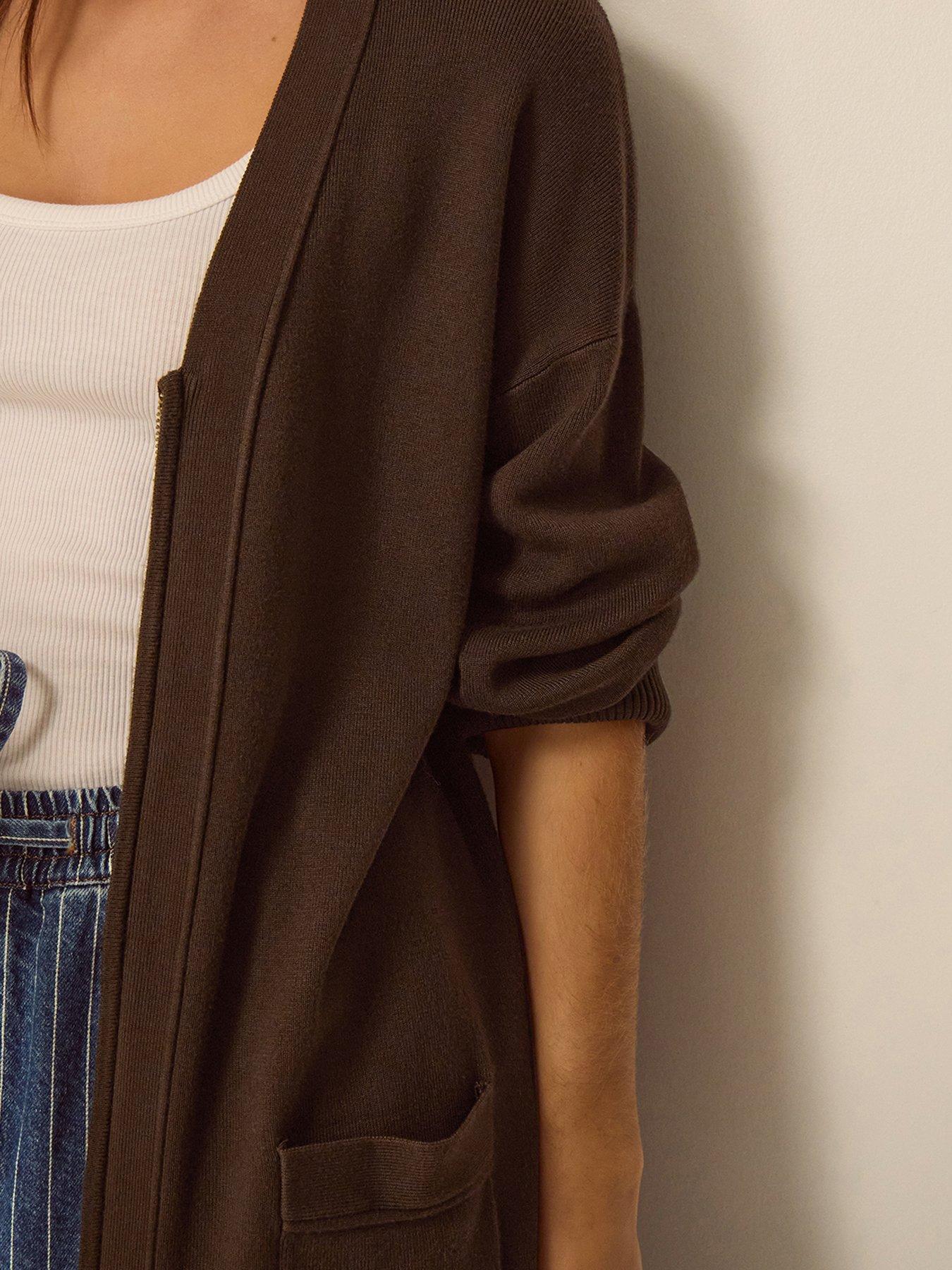 Image 5 of 5 of Monsoon Womens Zuri Longline Zip V-Neck Cardigan - Brown
