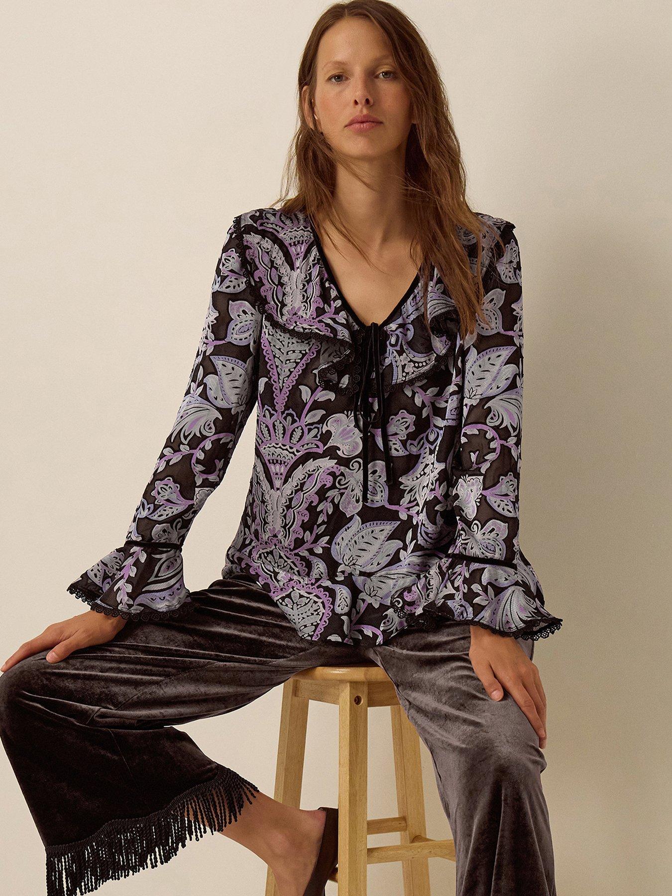 Image 1 of 5 of Monsoon Womens Tie Neckline Devore Ruffle Yoke Blouse - Black