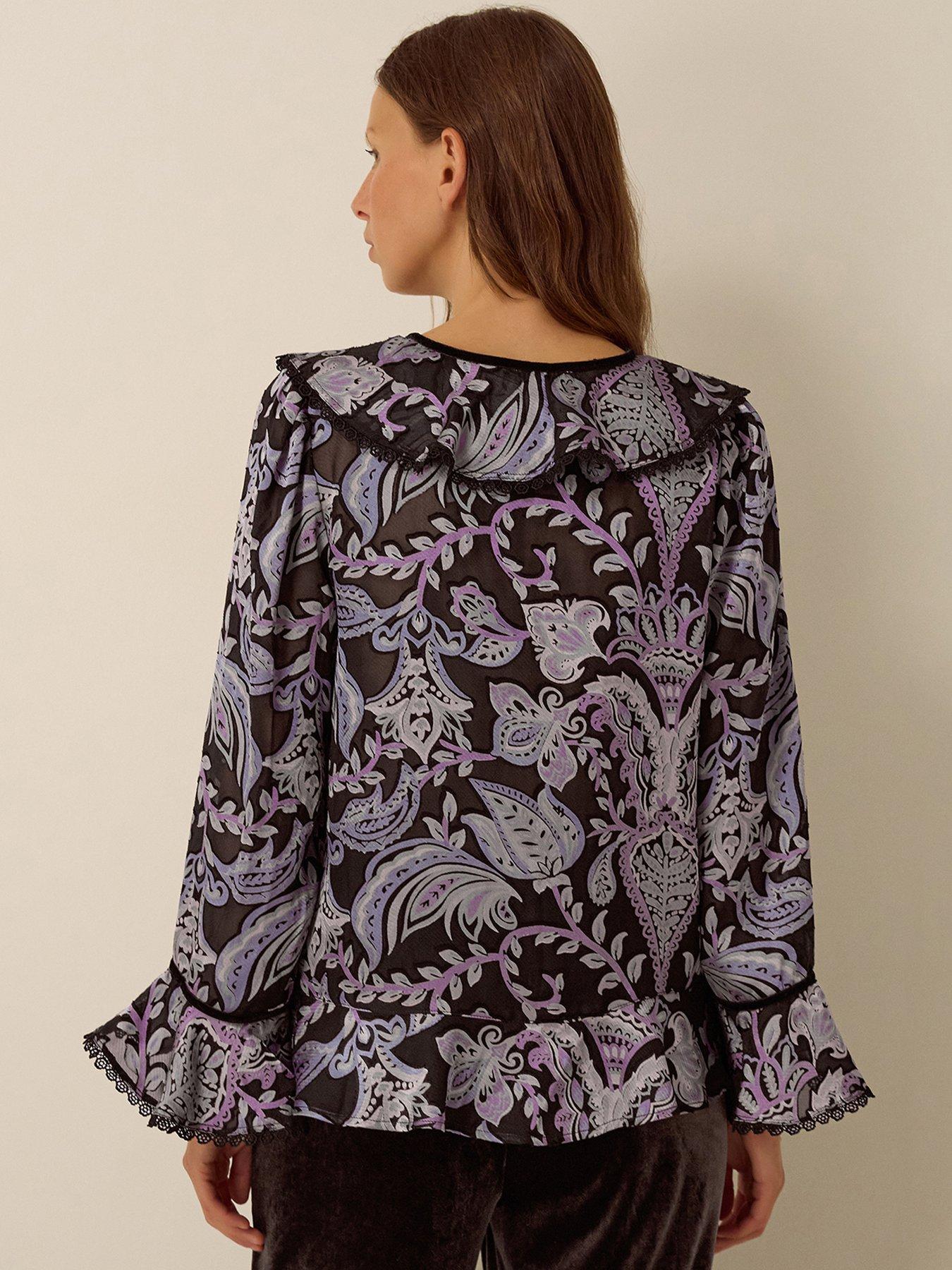 Image 2 of 5 of Monsoon Womens Tie Neckline Devore Ruffle Yoke Blouse - Black