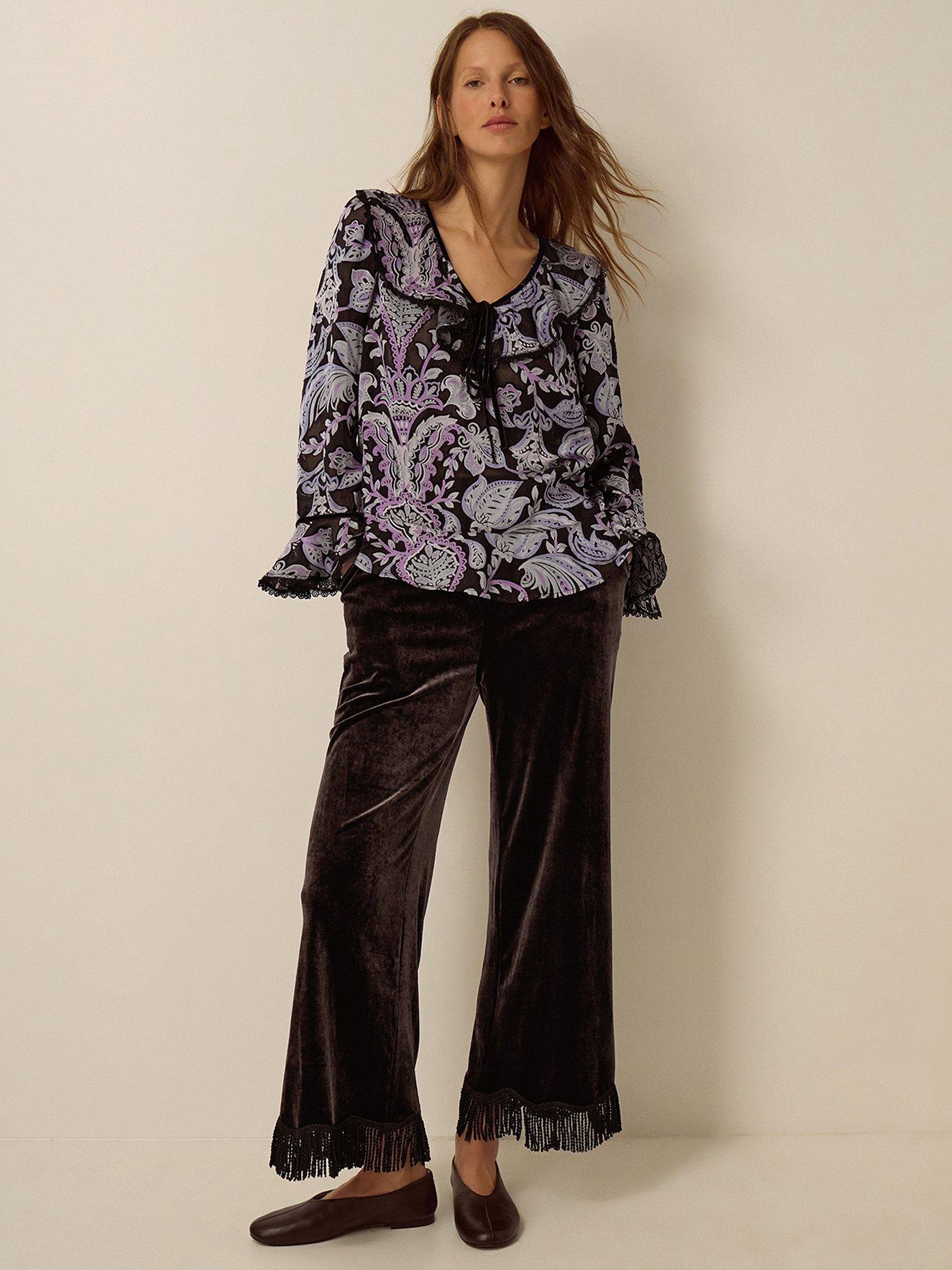 Image 3 of 5 of Monsoon Womens Tie Neckline Devore Ruffle Yoke Blouse - Black