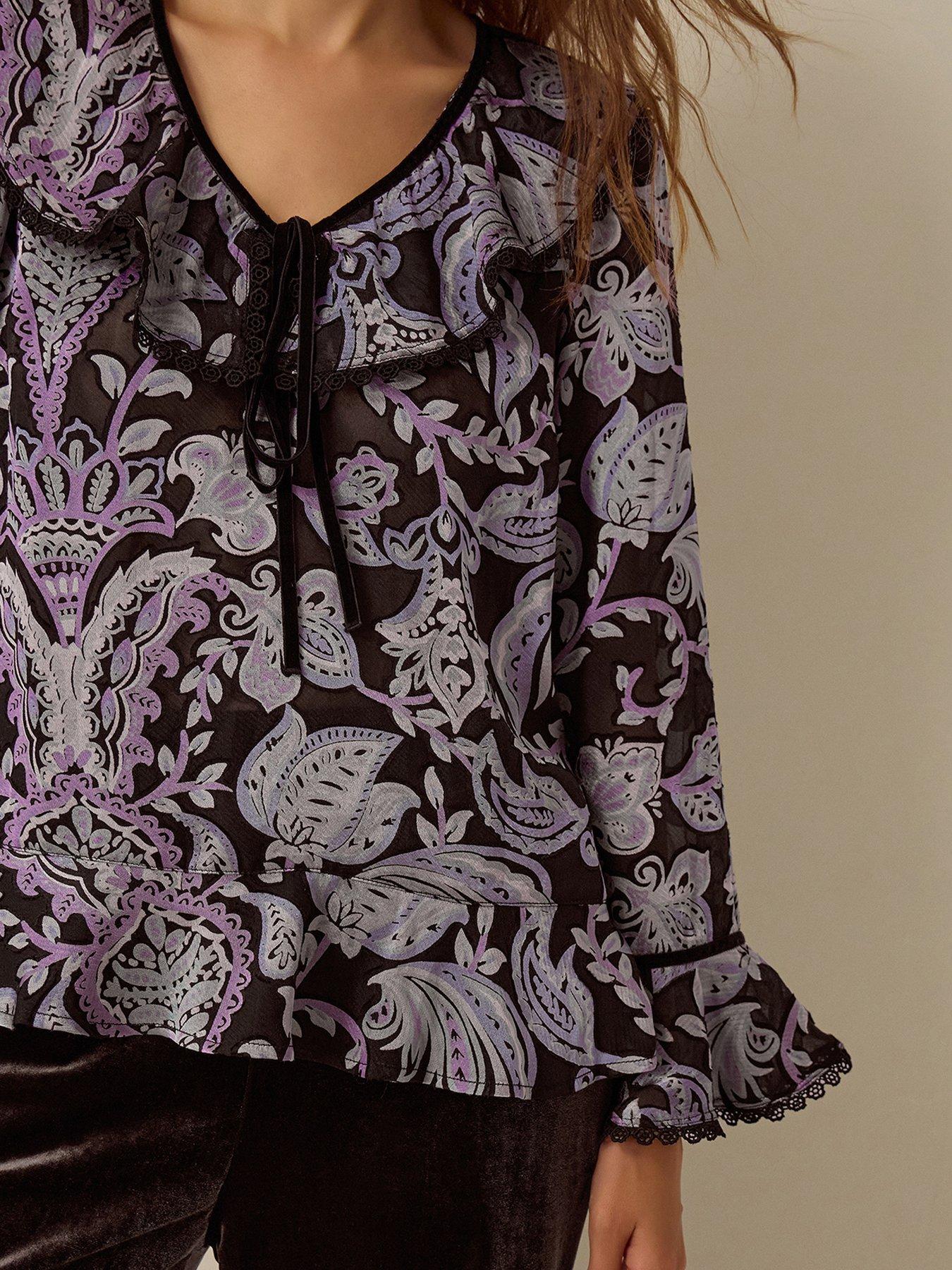 Image 4 of 5 of Monsoon Womens Tie Neckline Devore Ruffle Yoke Blouse - Black