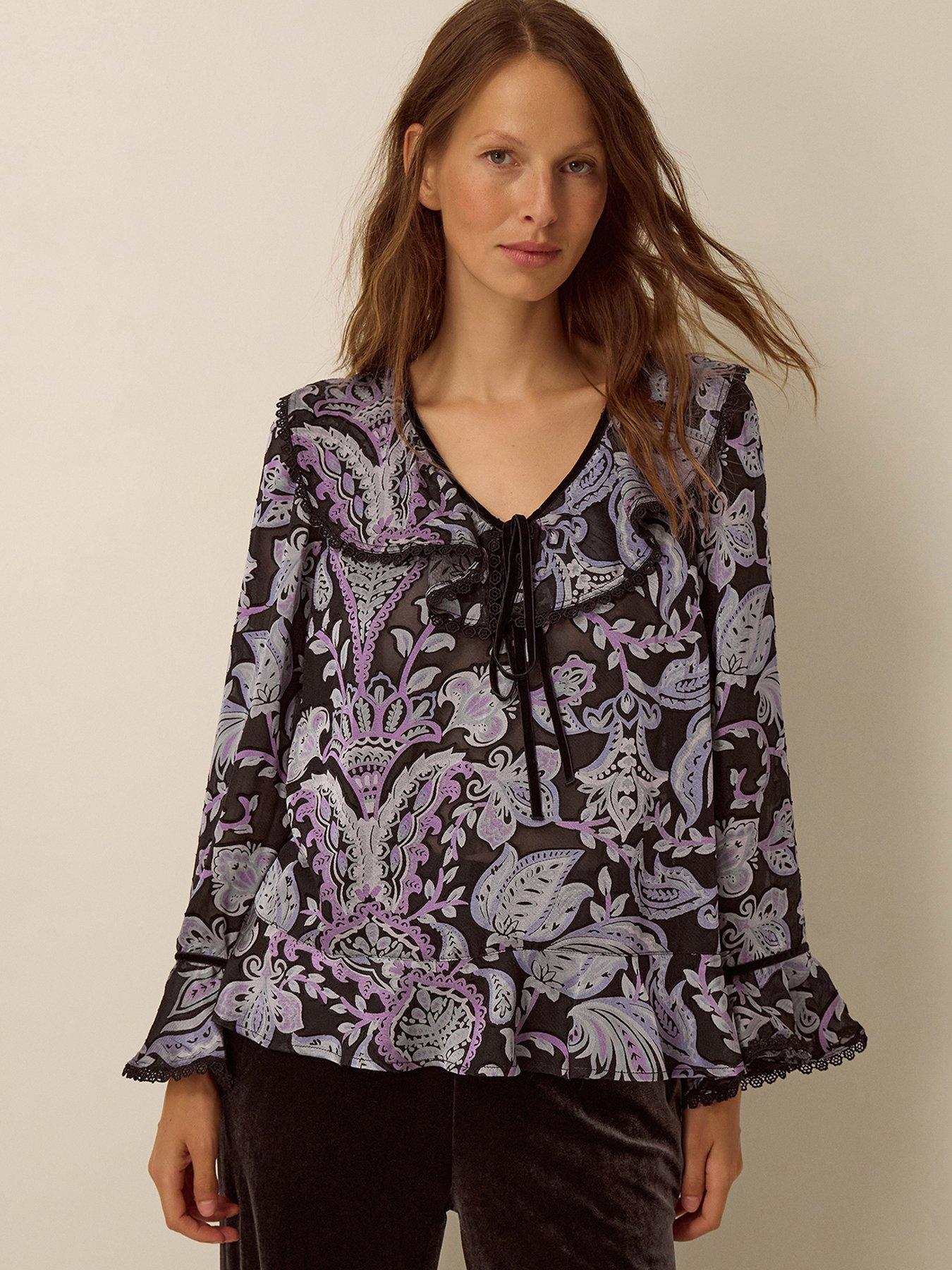 Image 5 of 5 of Monsoon Womens Tie Neckline Devore Ruffle Yoke Blouse - Black