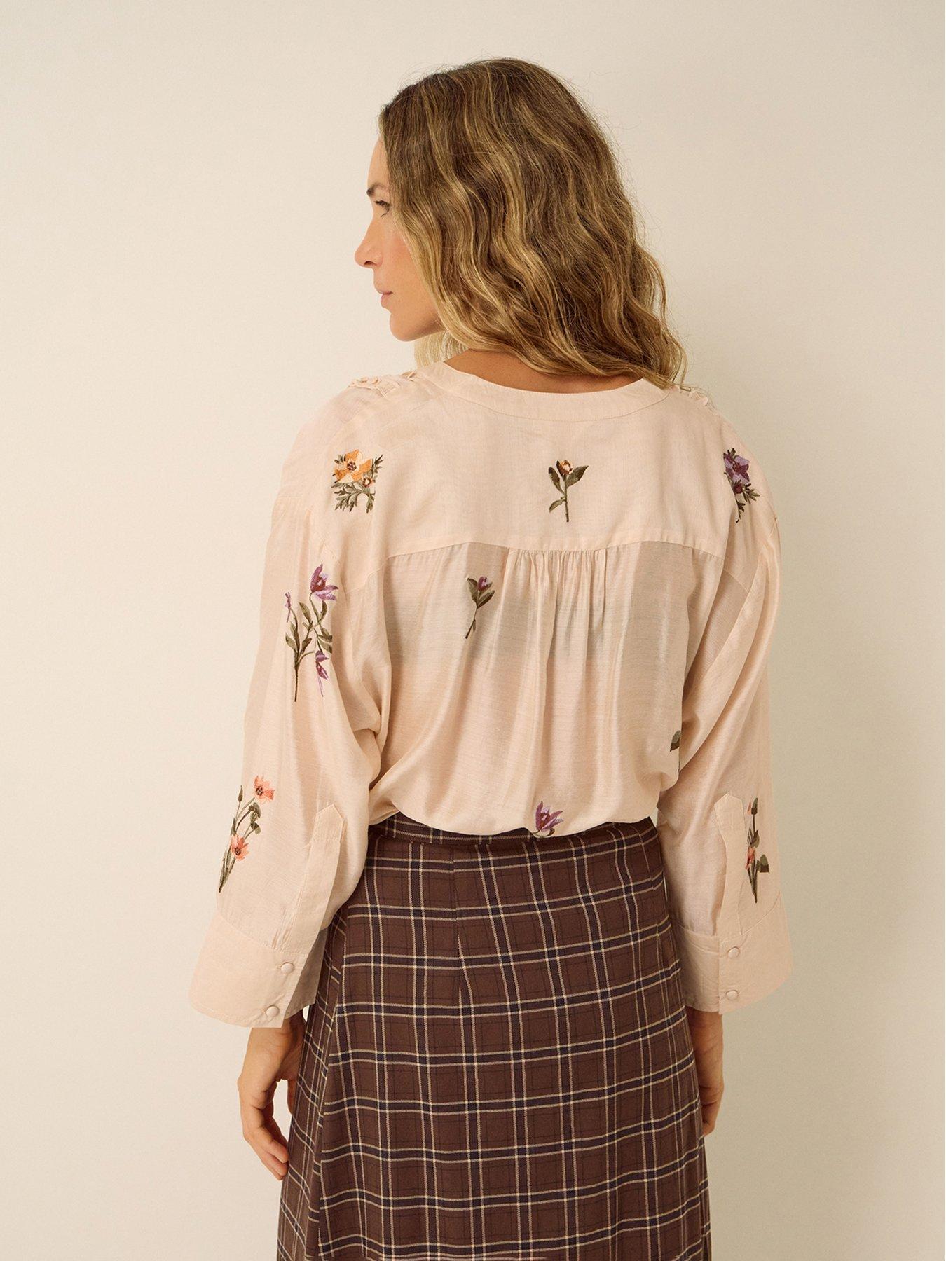 Image 2 of 5 of Monsoon Womens Embroidered Ruffle Bib Button-Through Blouse - Cream