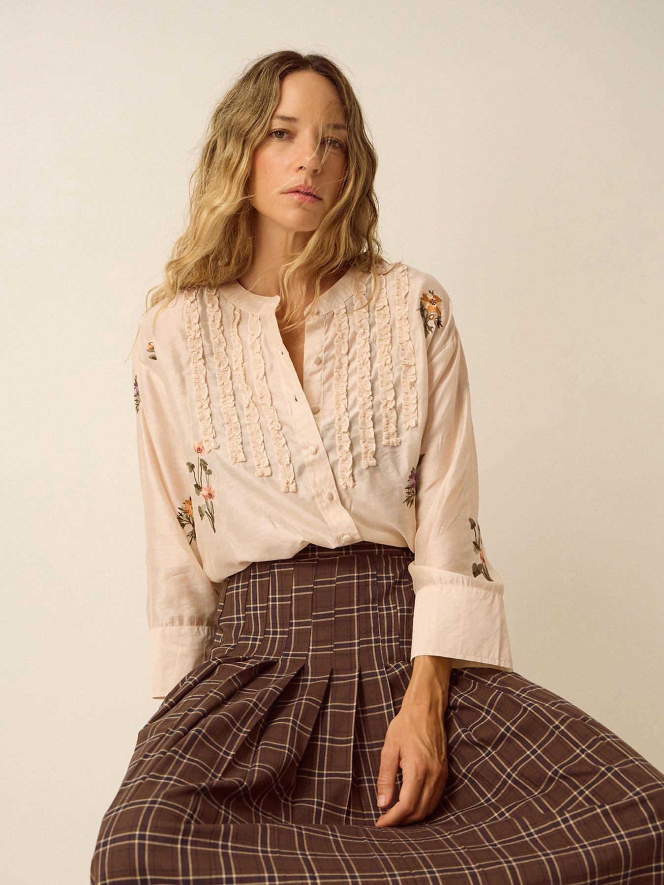Image 4 of 5 of Monsoon Womens Embroidered Ruffle Bib Button-Through Blouse - Cream