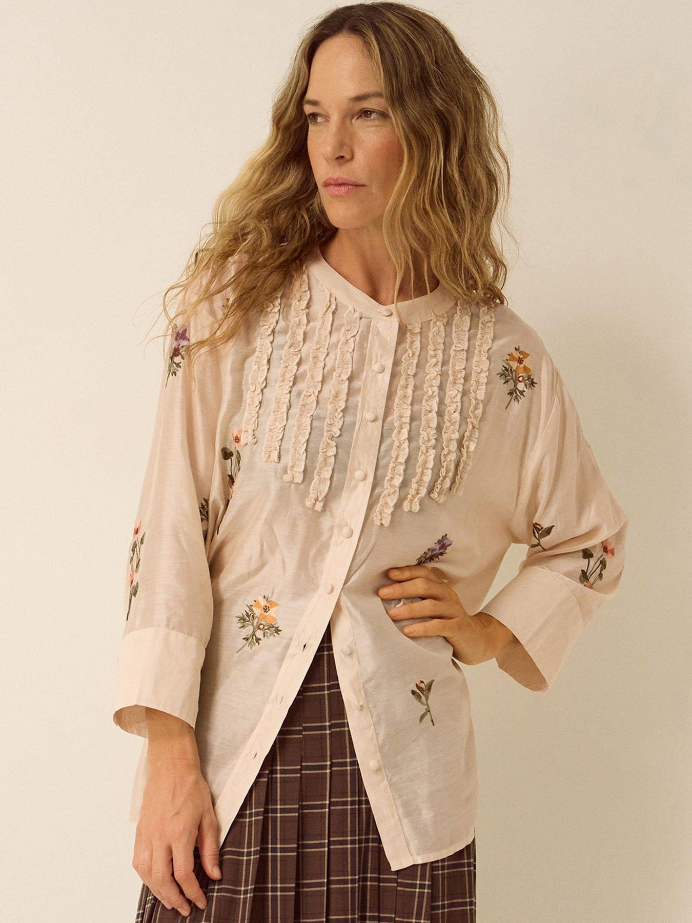 Image 5 of 5 of Monsoon Womens Embroidered Ruffle Bib Button-Through Blouse - Cream