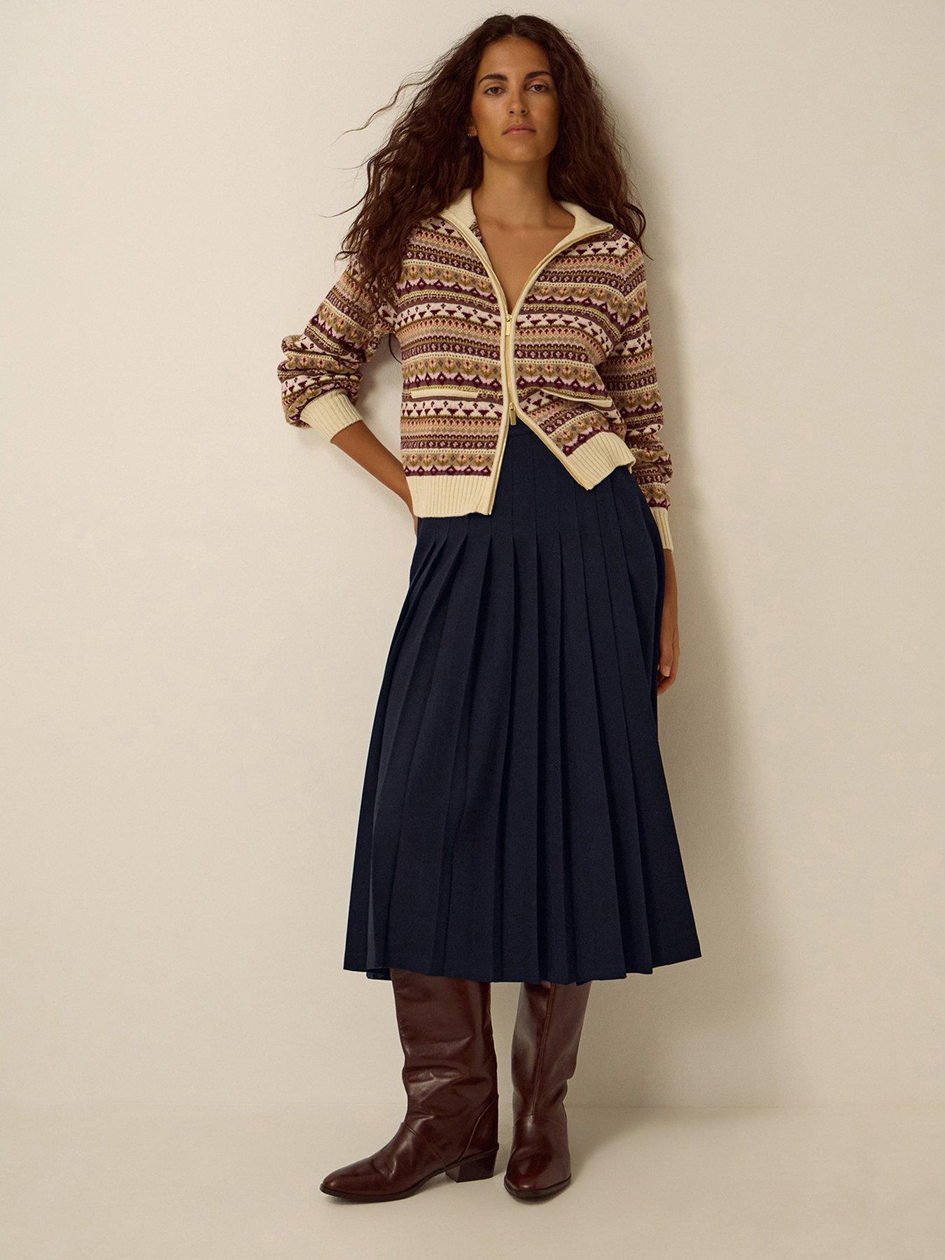 Image 1 of 6 of Monsoon Womens Nancy Pleated Buckle Waist Midi Skirt - Blue
