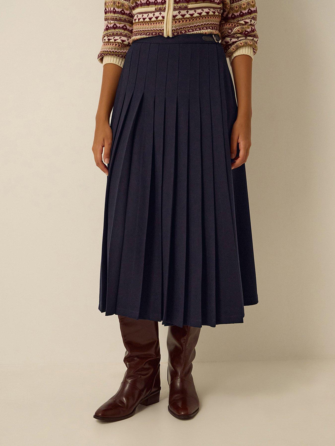 Image 3 of 6 of Monsoon Womens Nancy Pleated Buckle Waist Midi Skirt - Blue