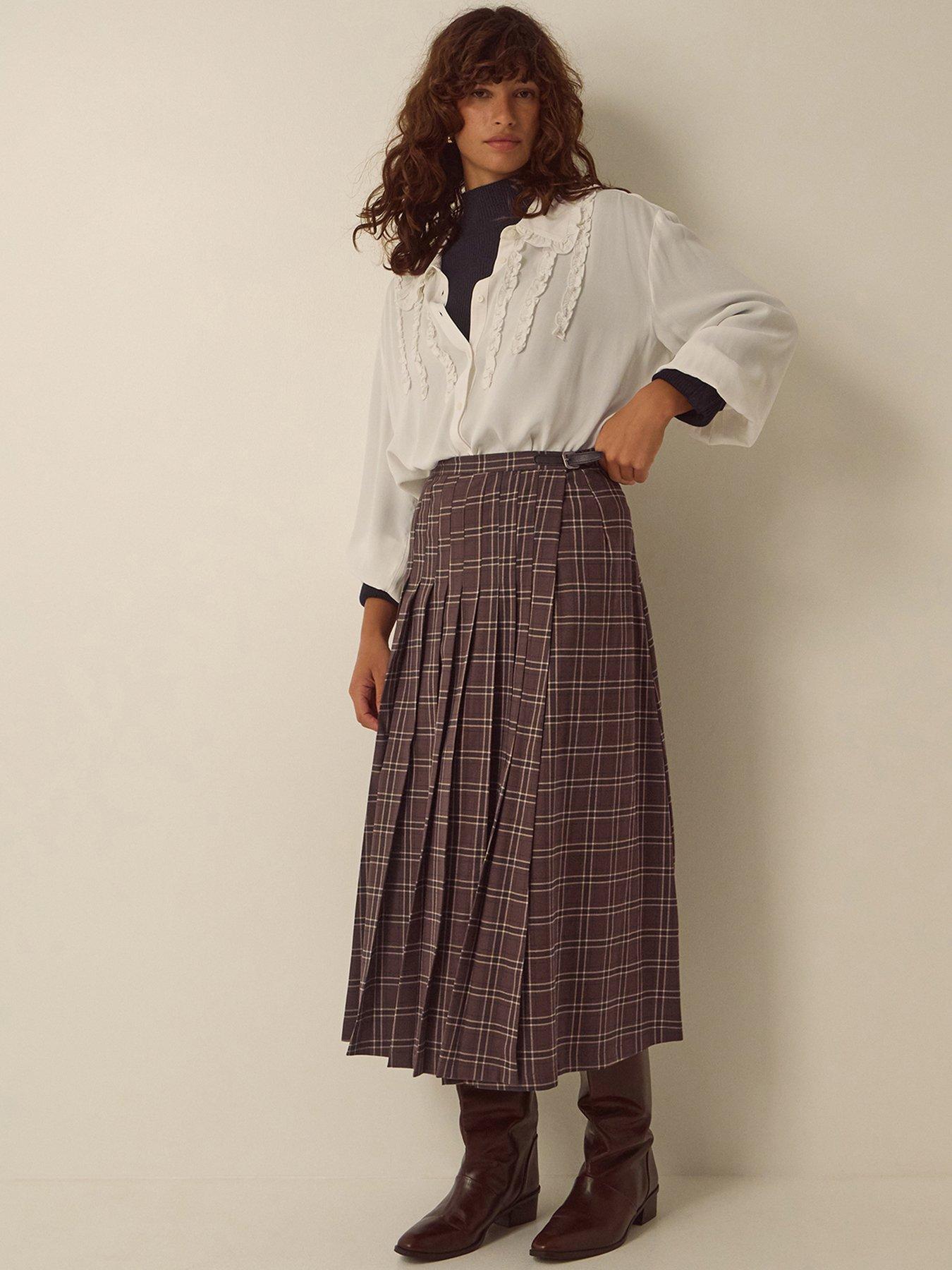 Image 2 of 6 of Monsoon Womens Gracie Check Pleated Buckle Waist Skirt - Brown