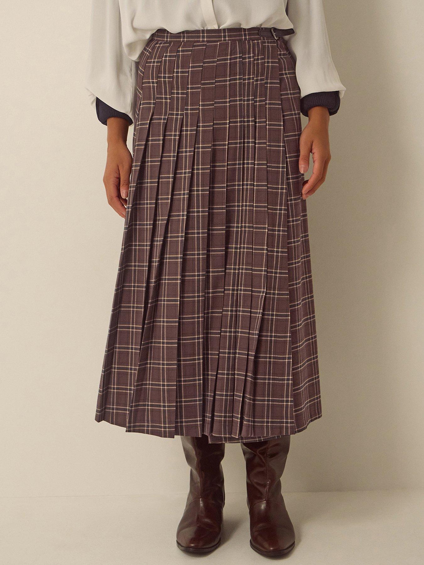 Image 4 of 6 of Monsoon Womens Gracie Check Pleated Buckle Waist Skirt - Brown
