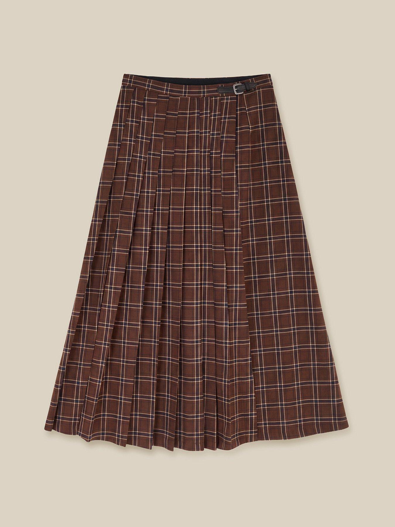Image 6 of 6 of Monsoon Womens Gracie Check Pleated Buckle Waist Skirt - Brown
