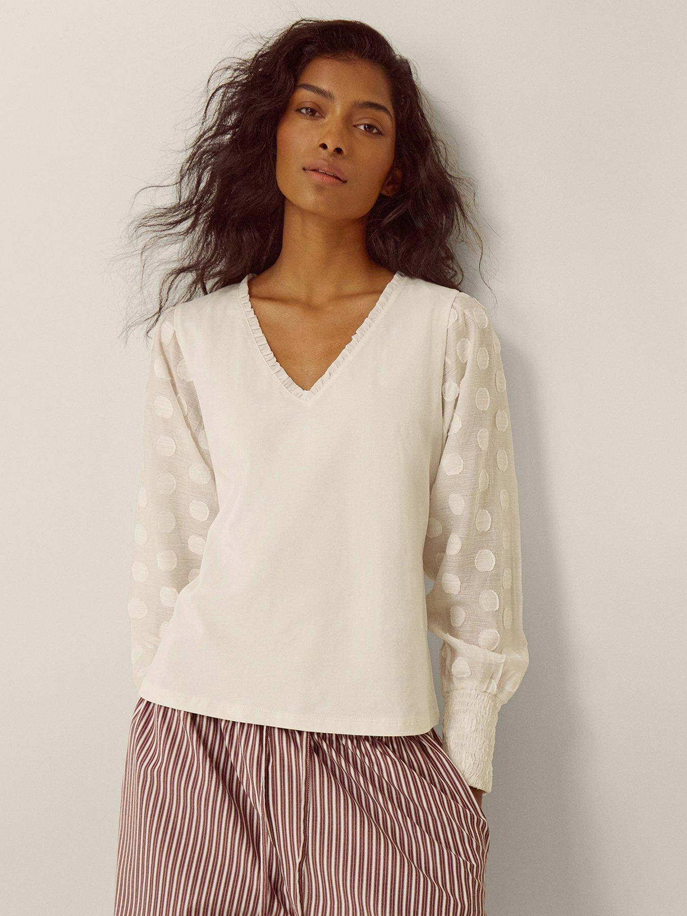 Monsoon Women's Ferne V-Neck Textured Polka Dot Blouson Sleeve Top - Cream