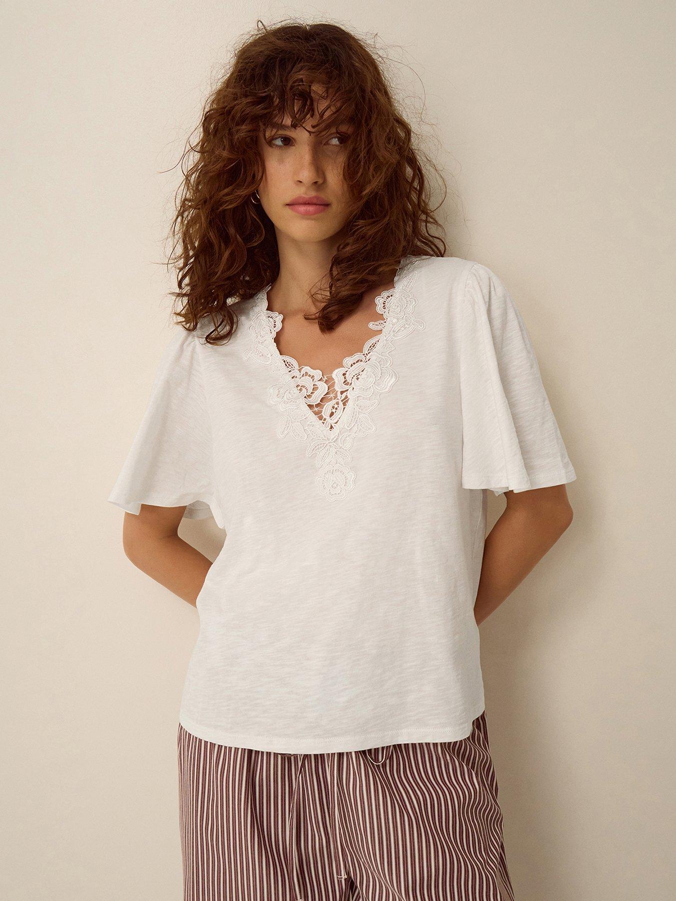 Monsoon Layla V Neck Lace Jersey Top - Ivory