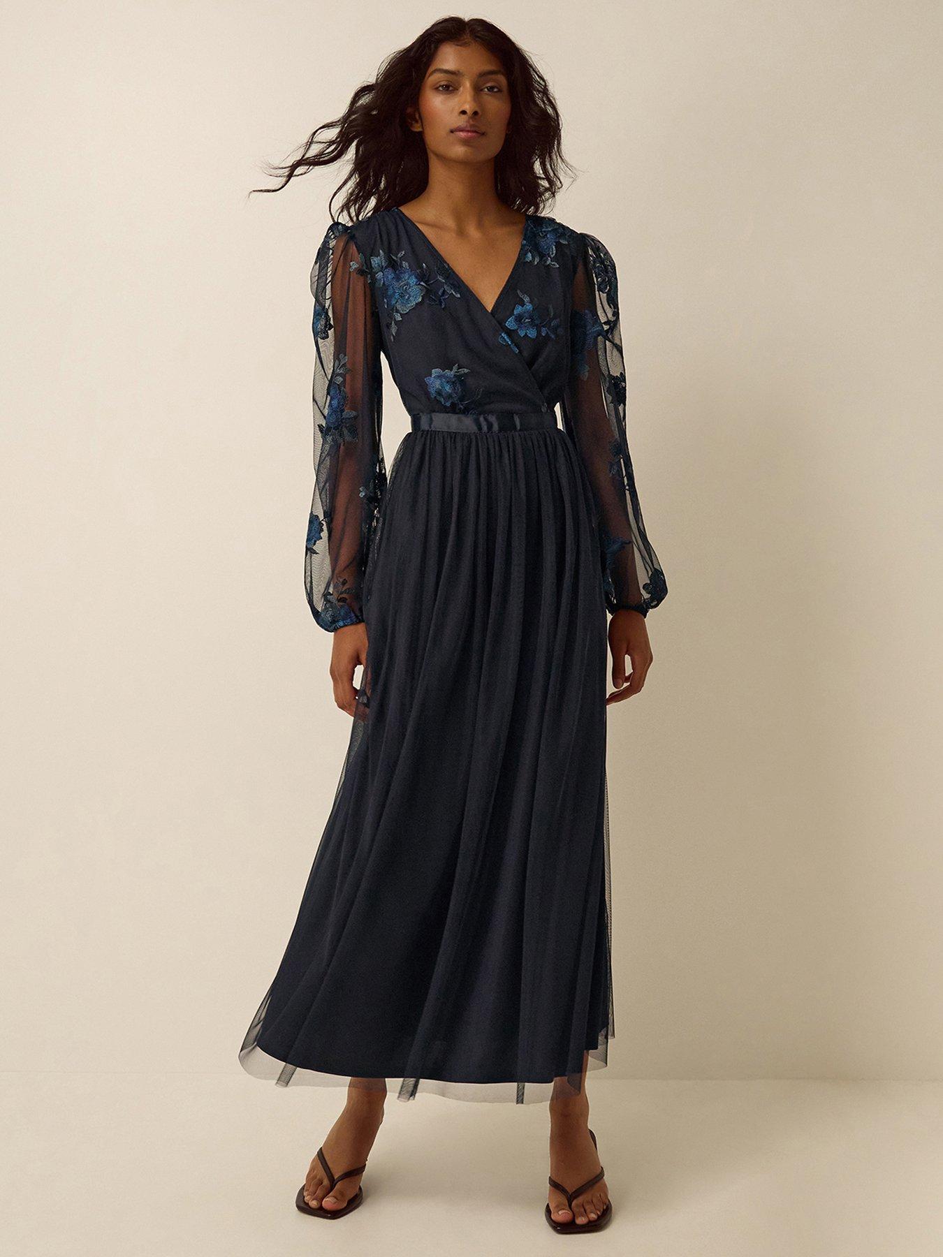 Monsoon Charlotte Floral Embroidered Mesh Midi Dress - Blue