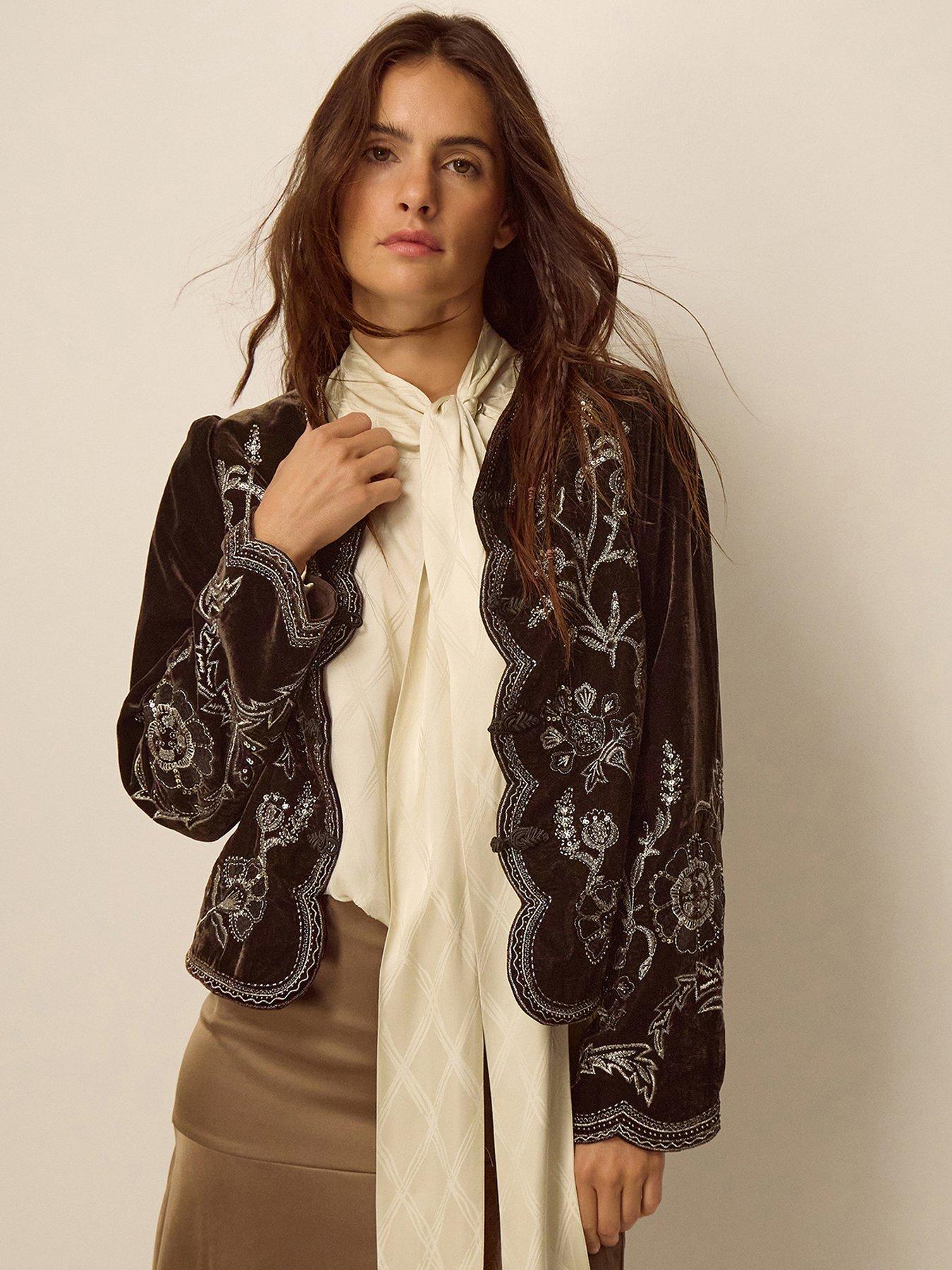Image 1 of 4 of Monsoon Womens Embroidered Scalloped Velvet-Look Jacket - Brown
