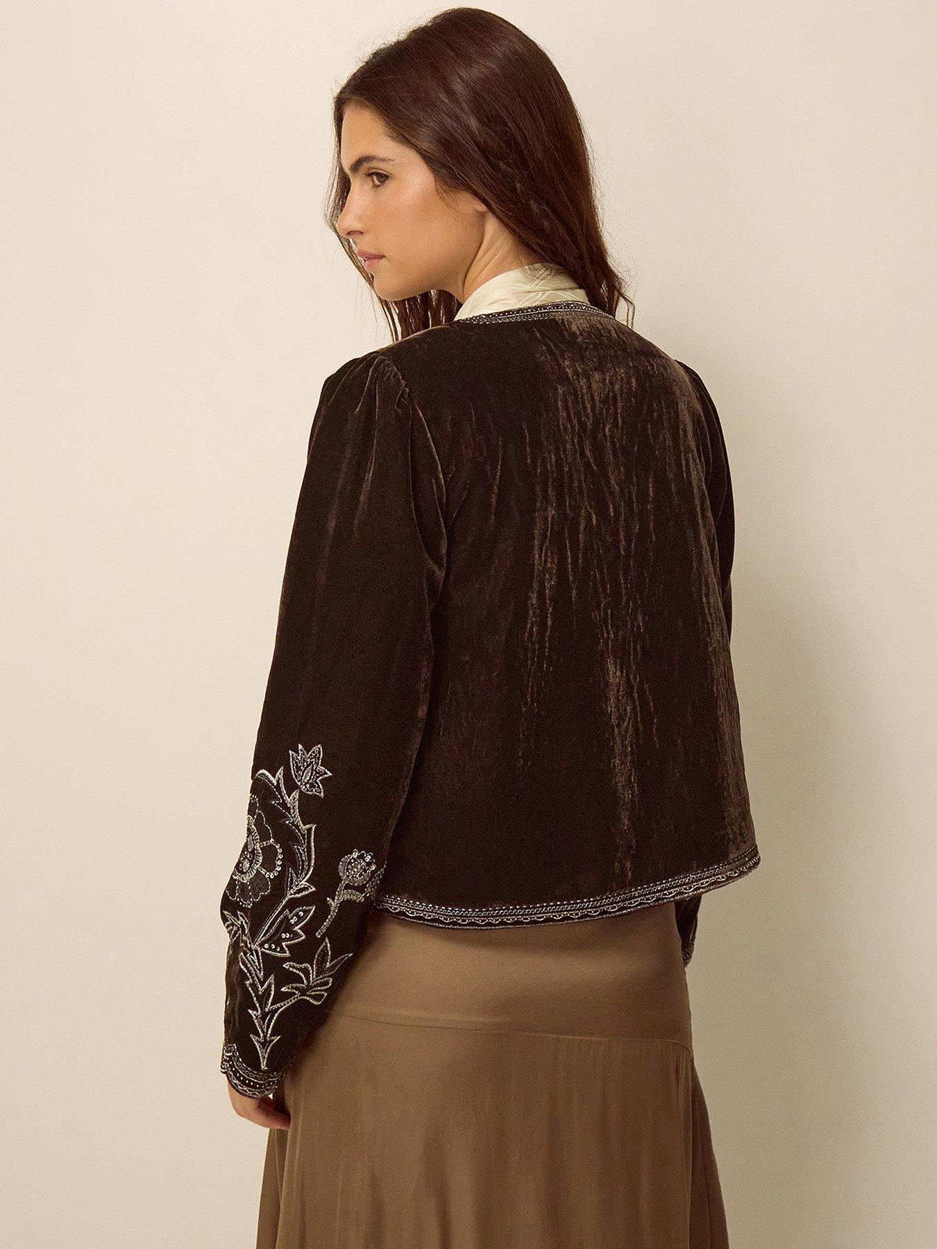 Image 2 of 4 of Monsoon Womens Embroidered Scalloped Velvet-Look Jacket - Brown