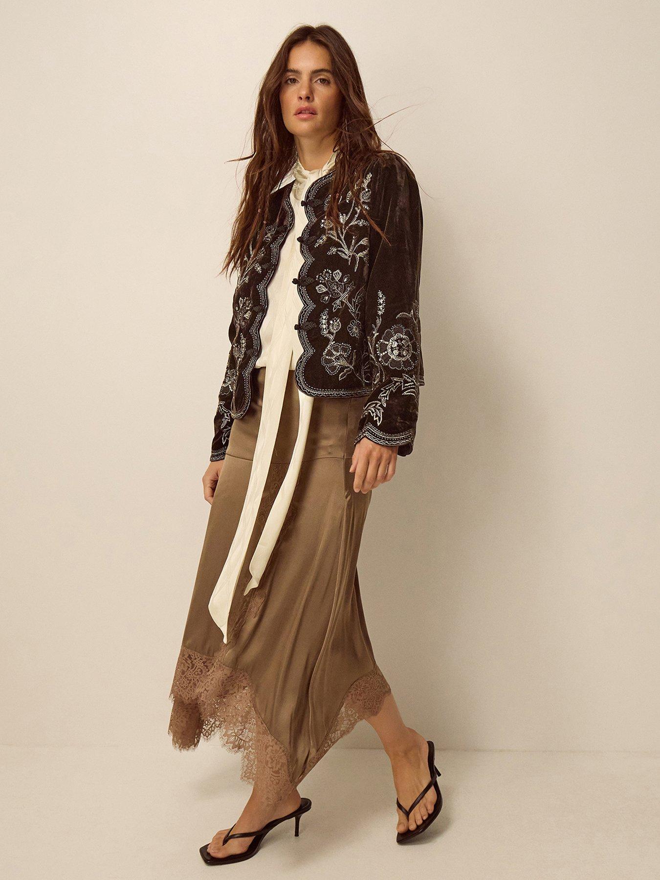 Image 3 of 4 of Monsoon Womens Embroidered Scalloped Velvet-Look Jacket - Brown