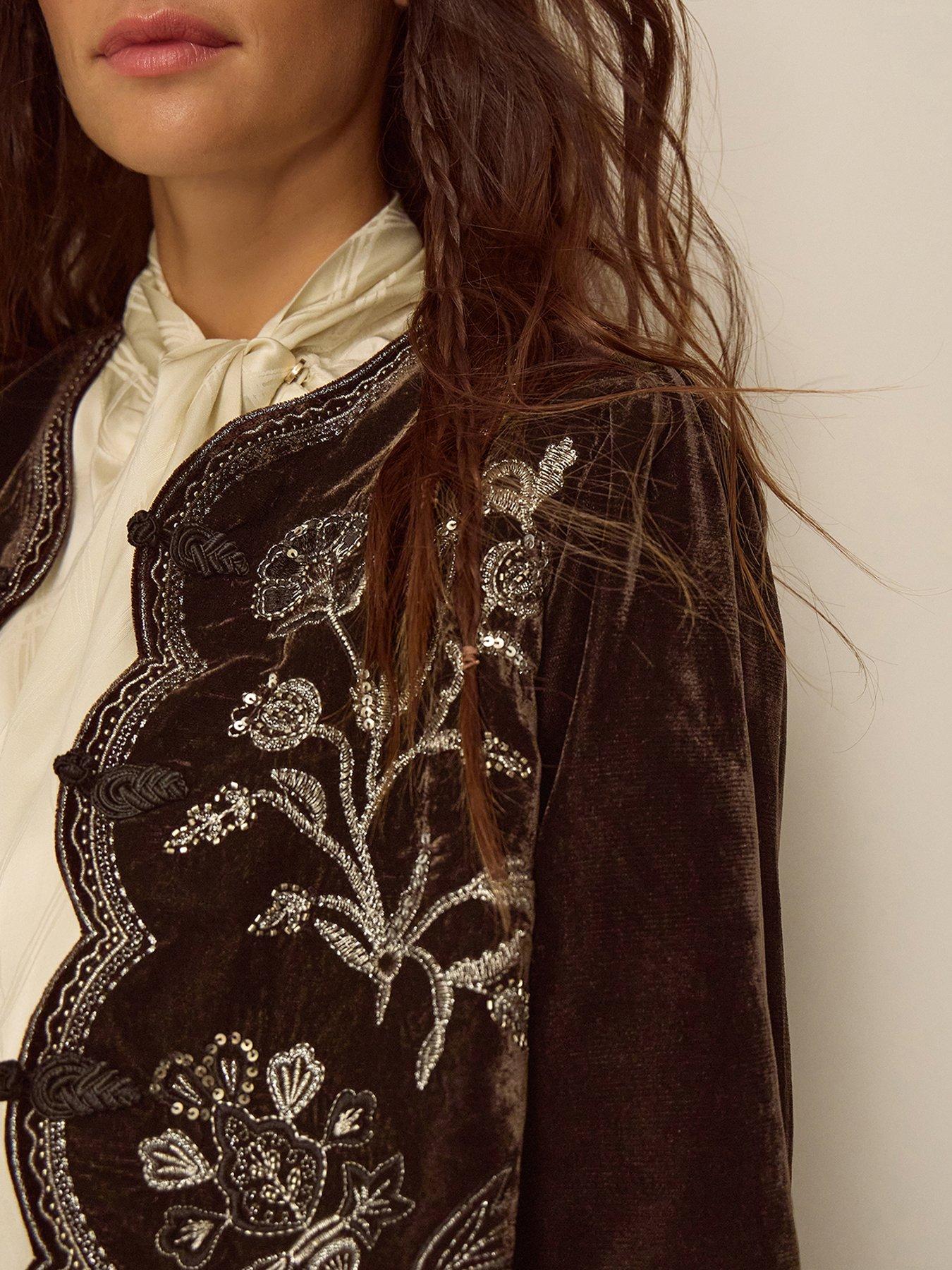 Image 4 of 4 of Monsoon Womens Embroidered Scalloped Velvet-Look Jacket - Brown