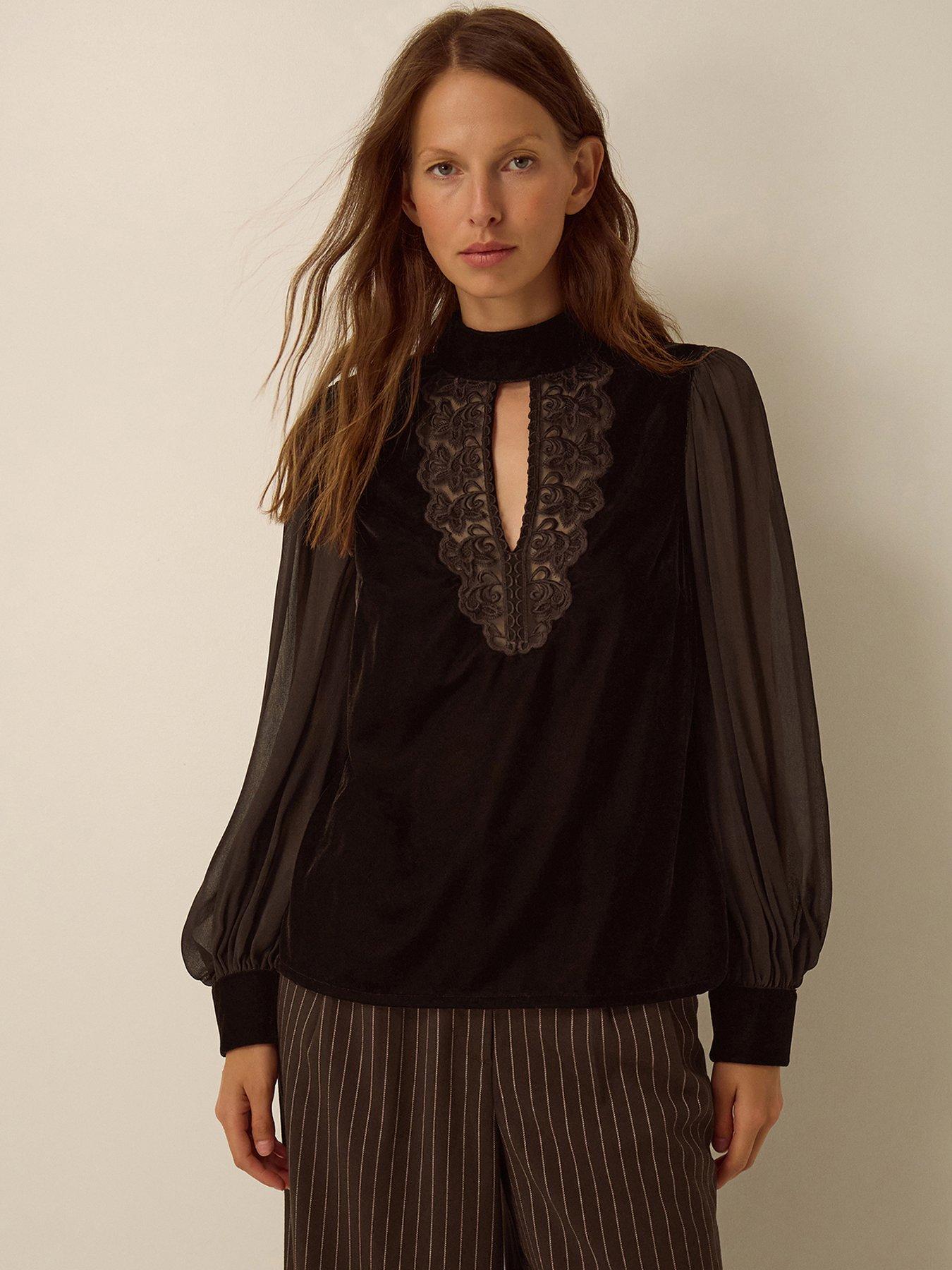 Image 1 of 4 of Monsoon Womens Lace Panel Keyhole High Neck Blouse - Brown