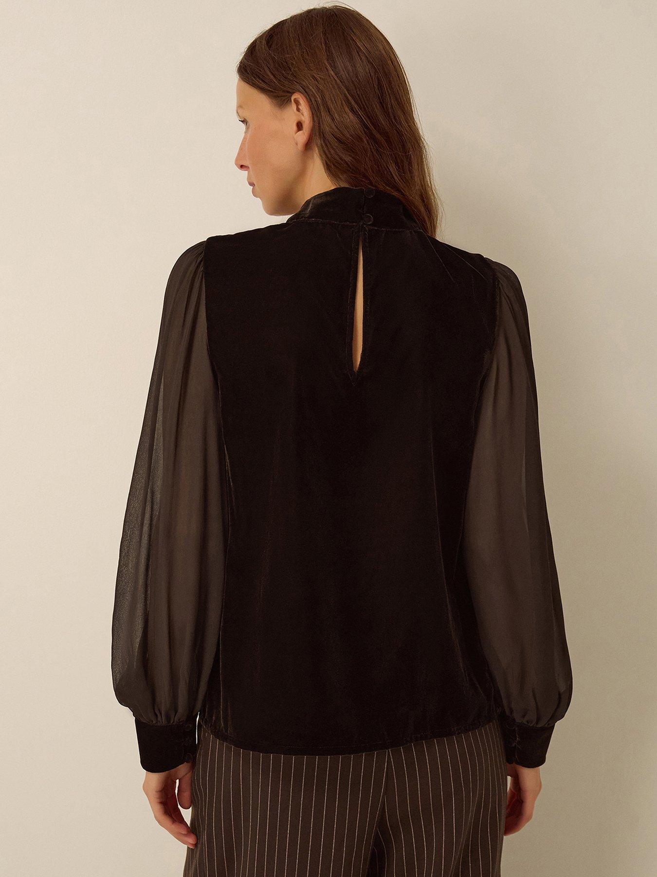Image 2 of 4 of Monsoon Womens Lace Panel Keyhole High Neck Blouse - Brown
