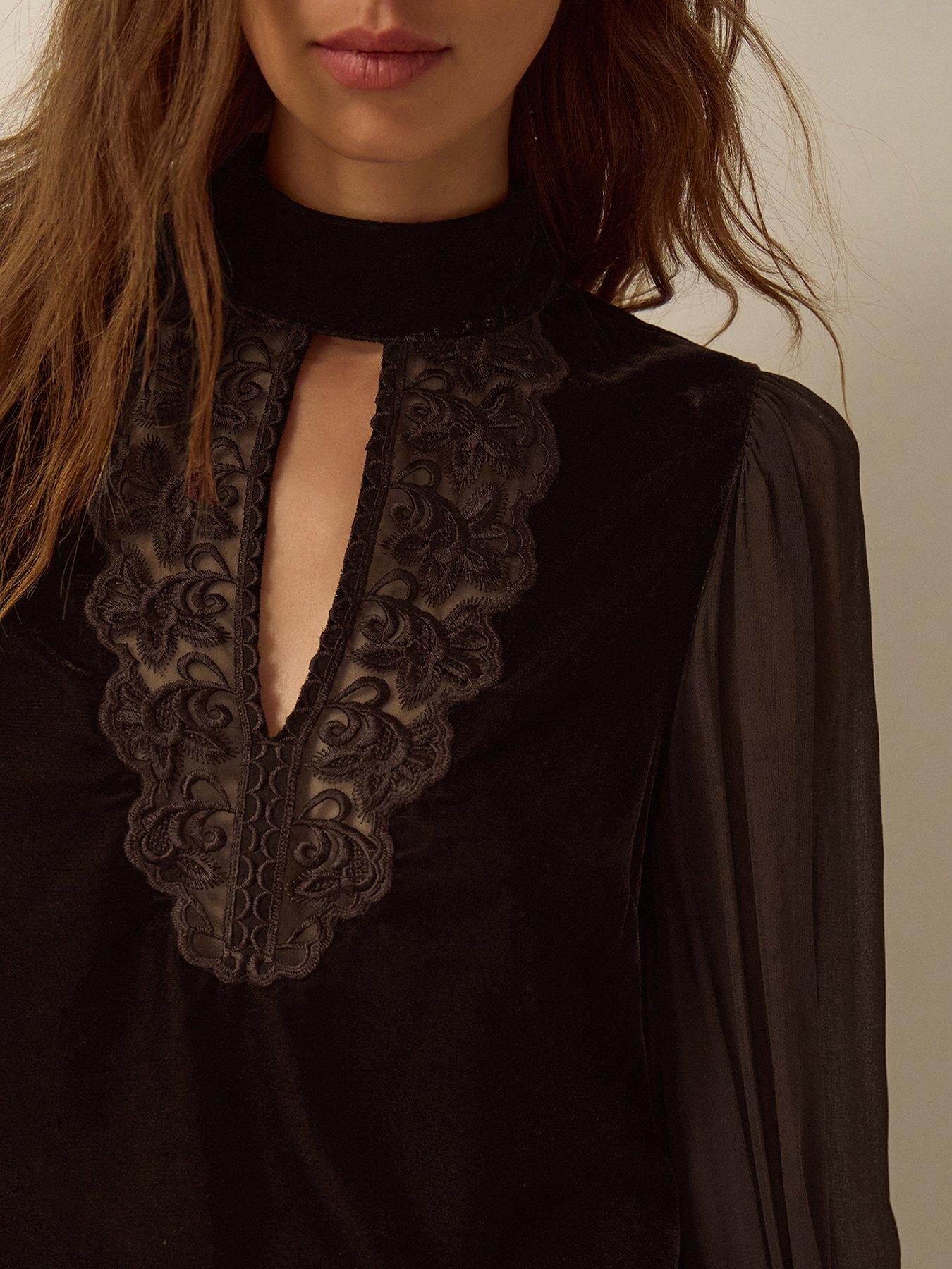 Image 4 of 4 of Monsoon Womens Lace Panel Keyhole High Neck Blouse - Brown