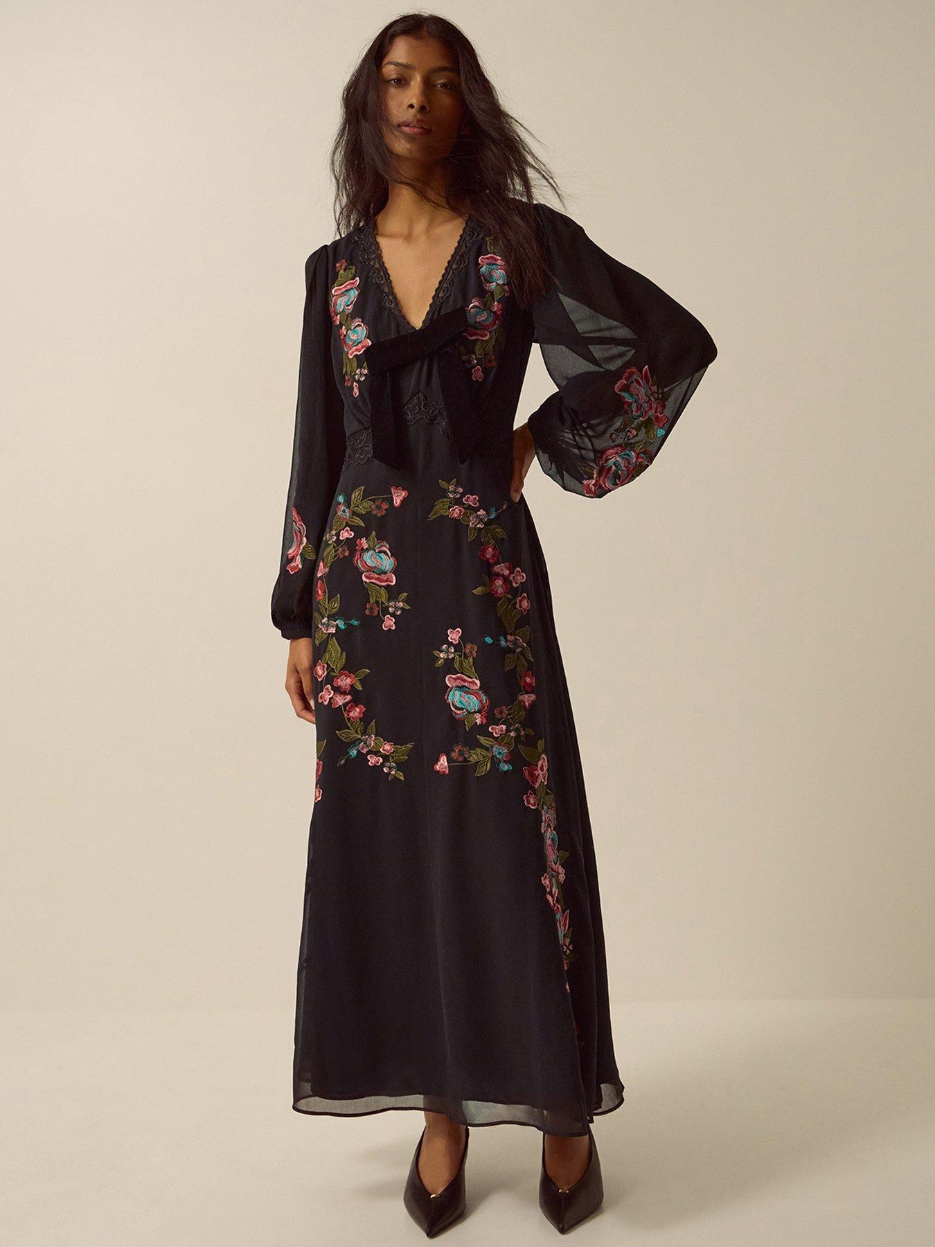 Image 1 of 6 of Monsoon Womens Margot Floral Embroidered Maxi Dress - Black