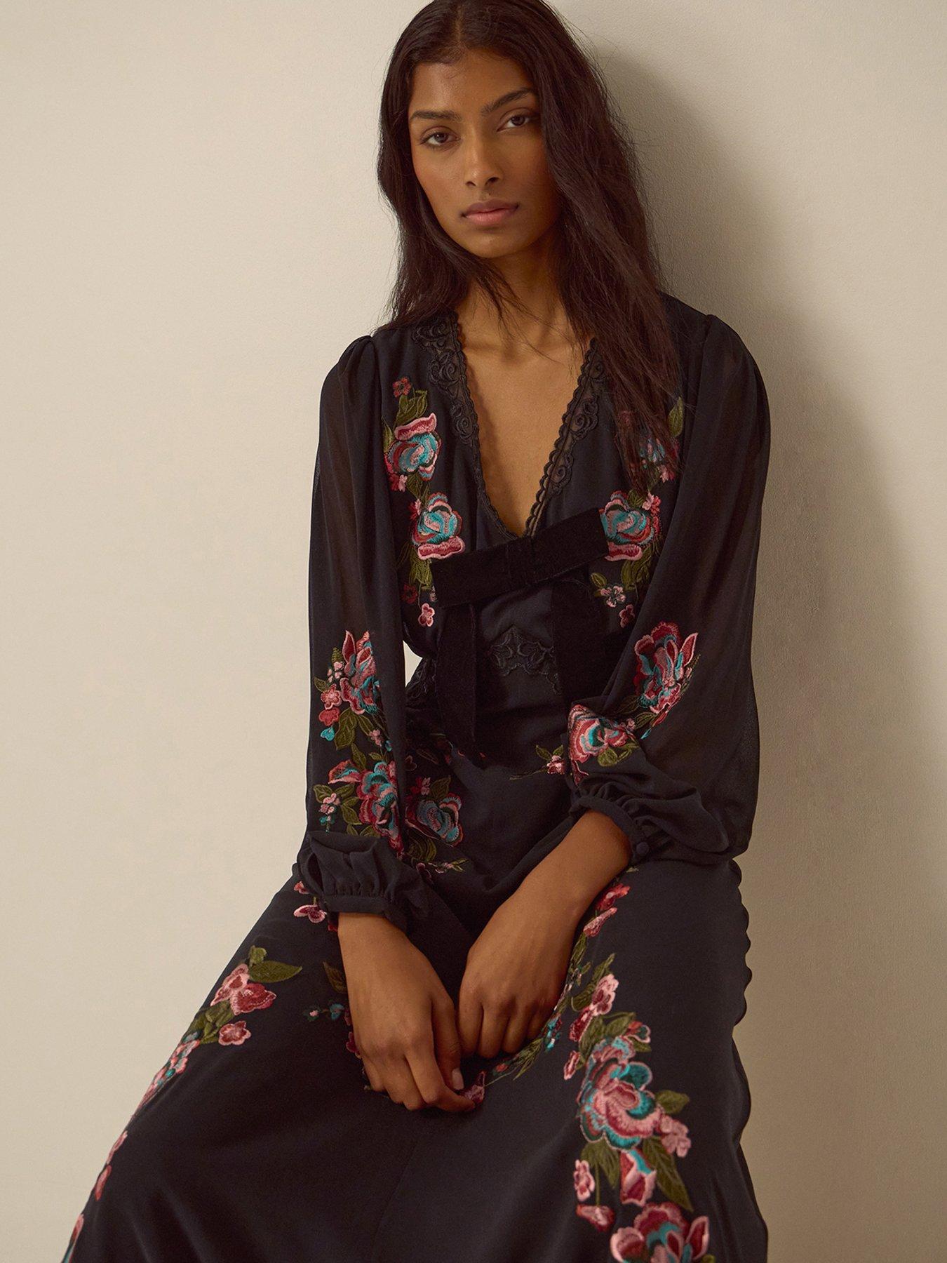 Image 4 of 6 of Monsoon Womens Margot Floral Embroidered Maxi Dress - Black