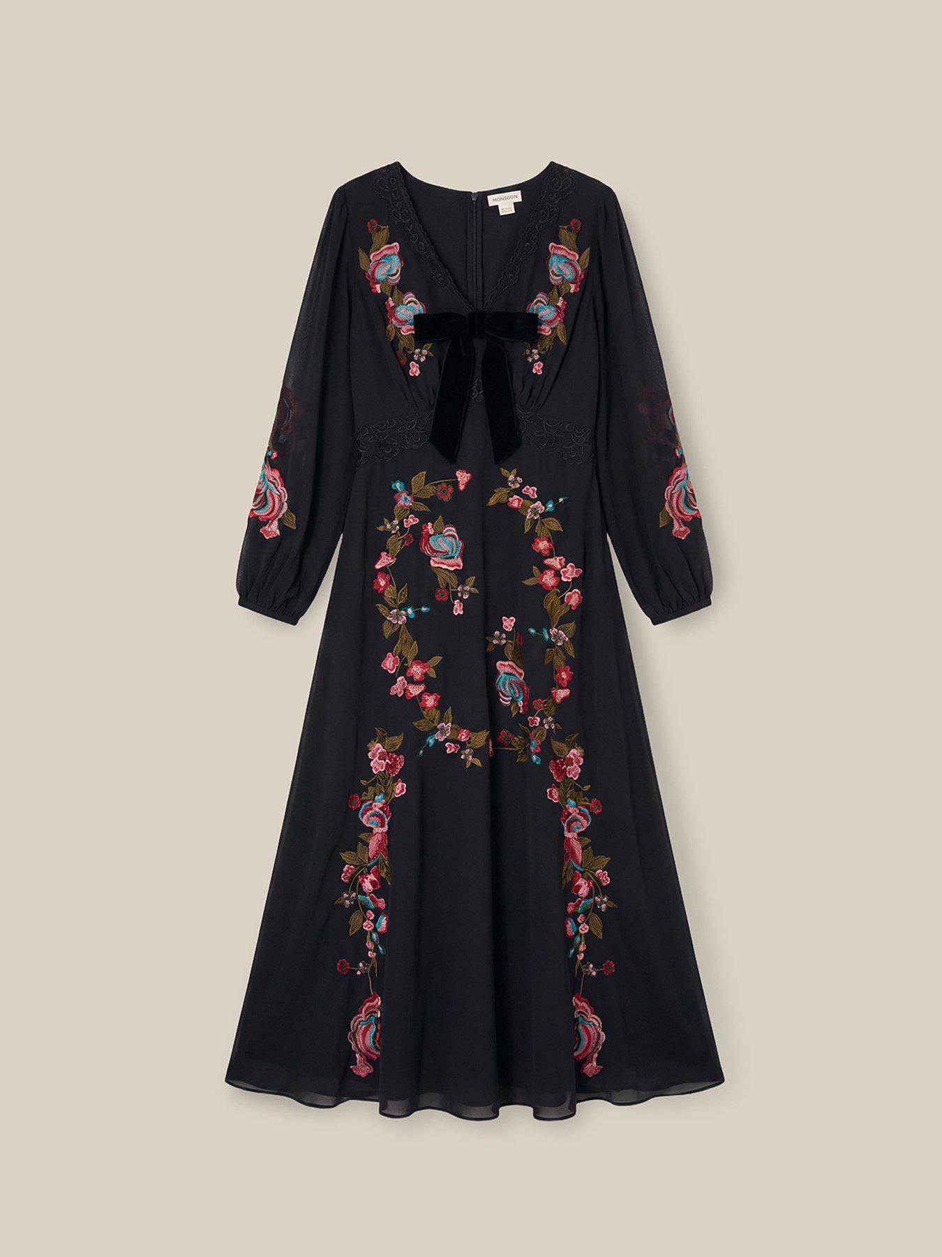 Image 6 of 6 of Monsoon Womens Margot Floral Embroidered Maxi Dress - Black