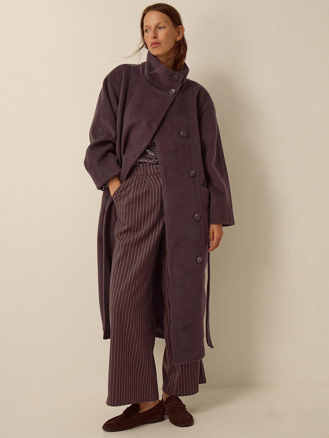 Image 1 of 6 of Monsoon Womens Millie Funnel Neck Longline Tie Belt Coat - Brown