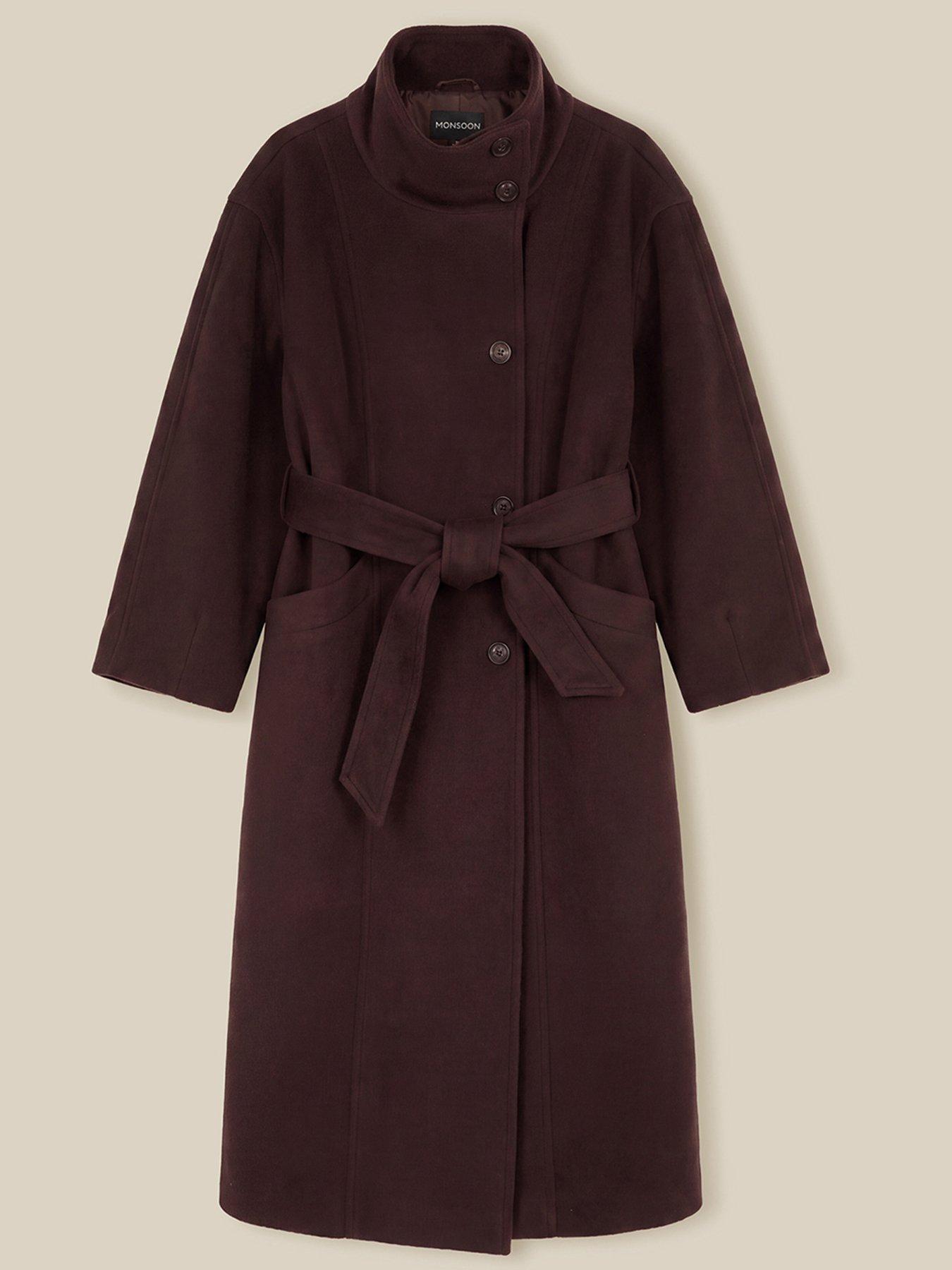Image 6 of 6 of Monsoon Womens Millie Funnel Neck Longline Tie Belt Coat - Brown