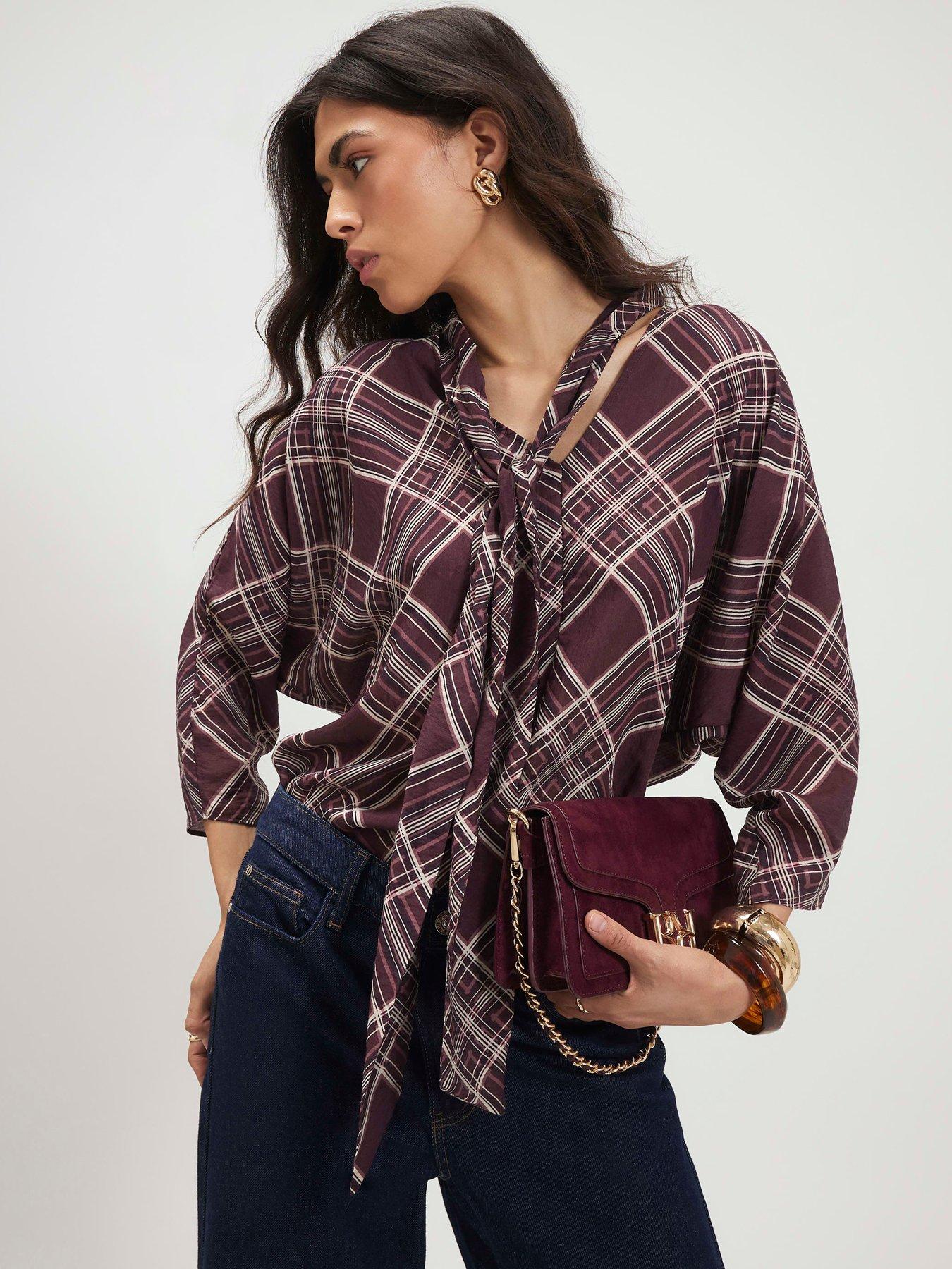 River Island Checked Pussybow Blouse - Purple