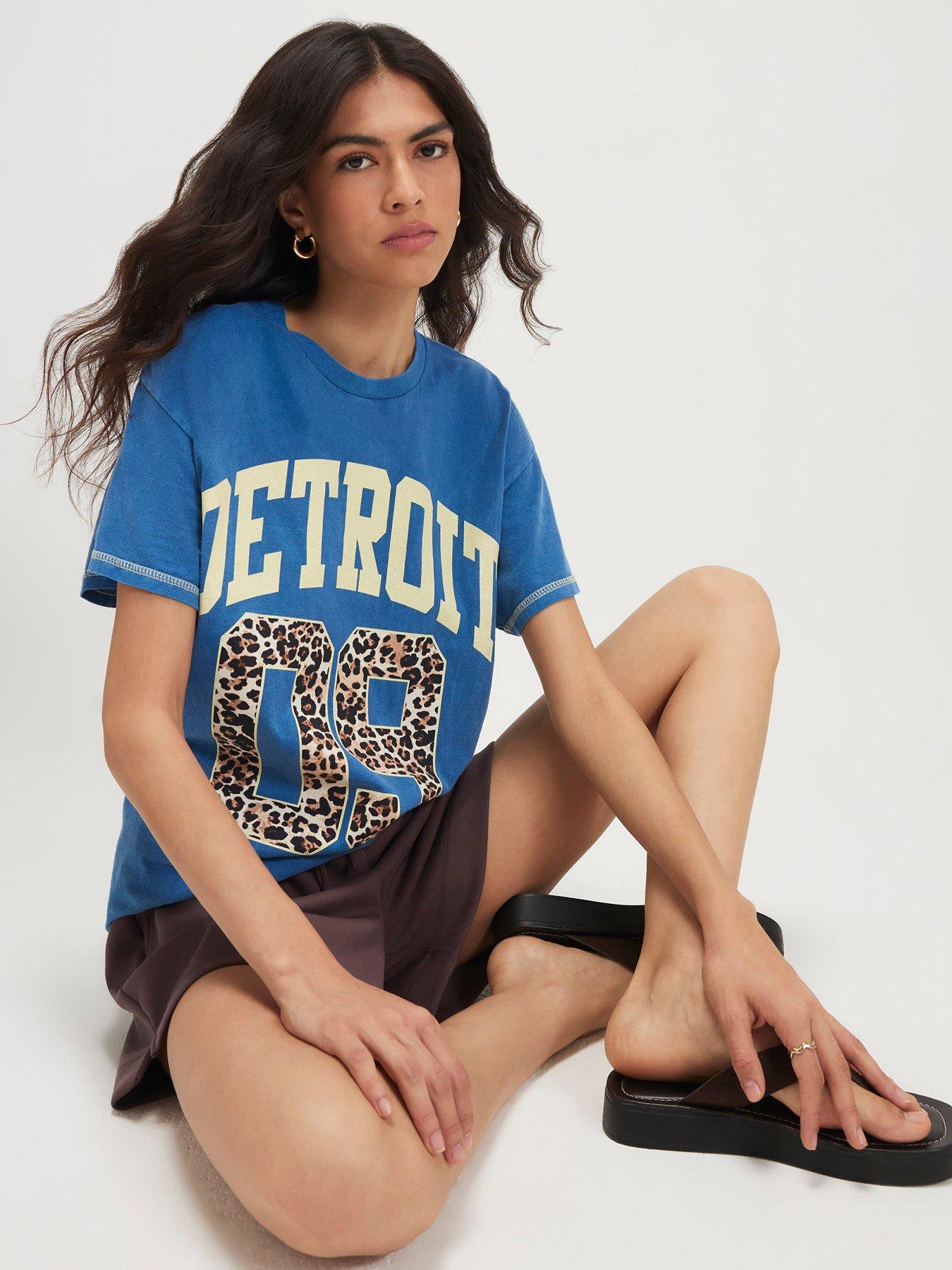 River Island Short Sleeve Detroit Print Boyfriend T-Shirt- Blue