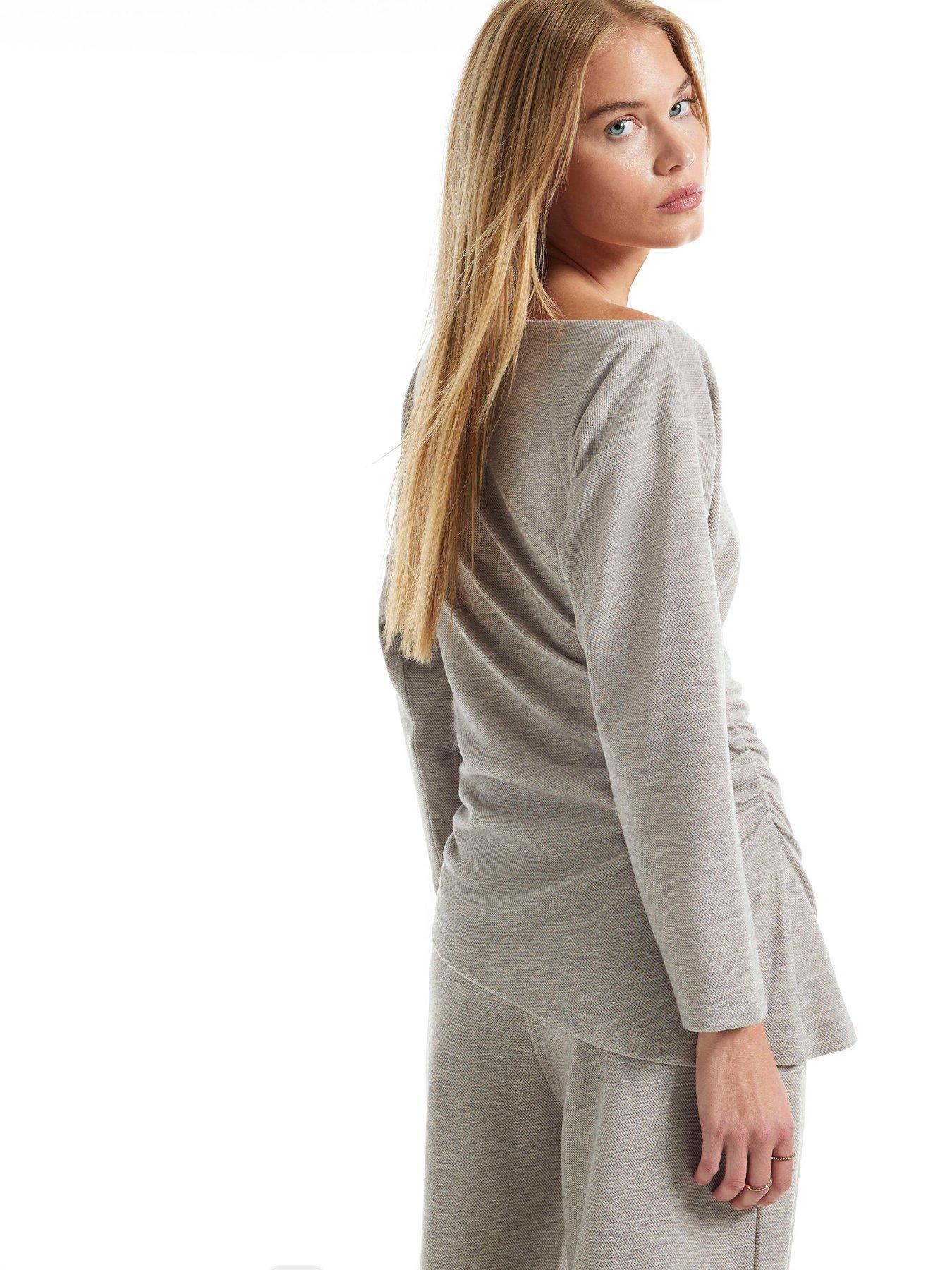 Image 2 of 6 of River Island Womens Cosy Marl Off-Shoulder Asymmetric Ruched Top - Beige