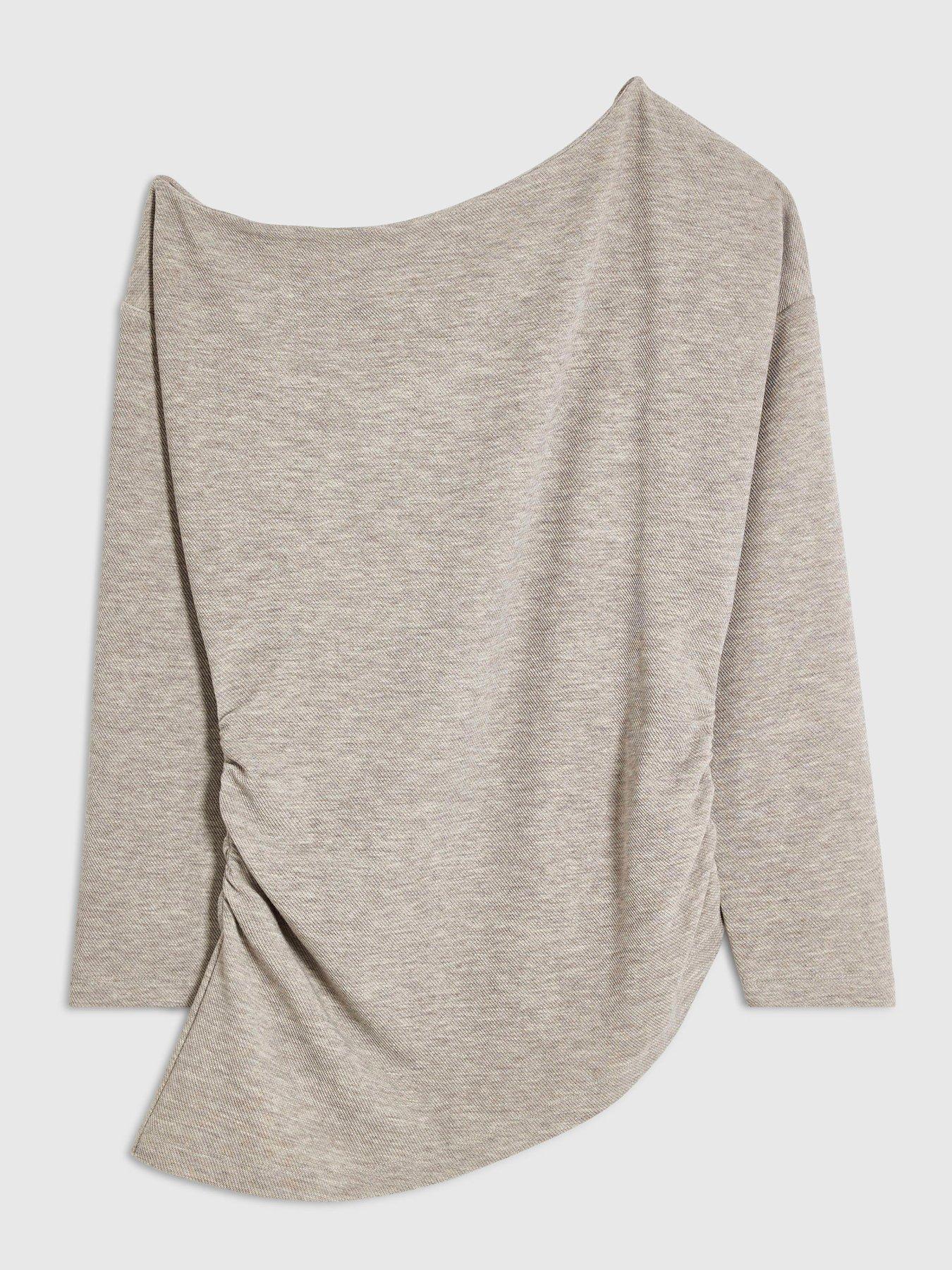 Image 5 of 6 of River Island Womens Cosy Marl Off-Shoulder Asymmetric Ruched Top - Beige