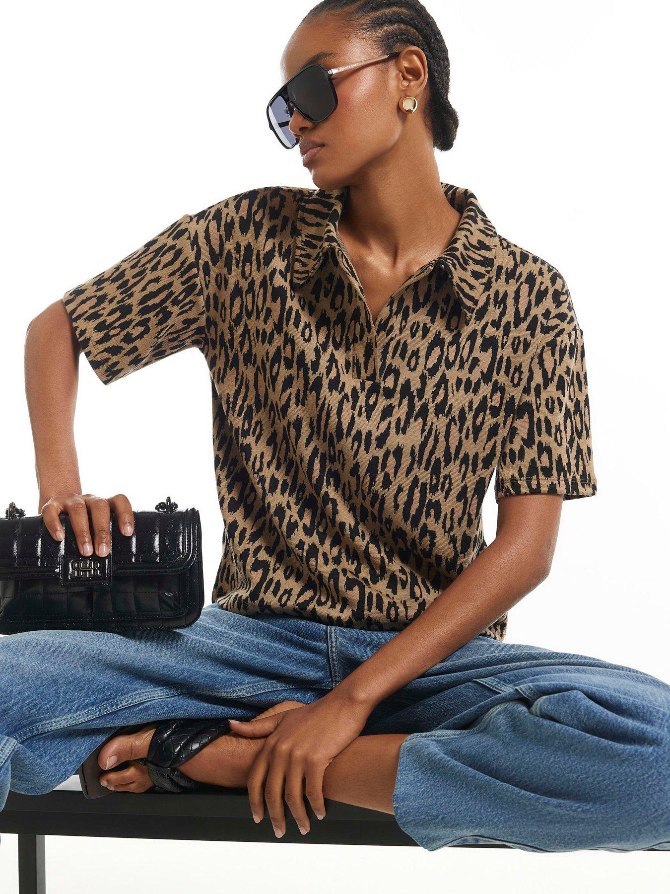 Image 1 of 6 of River Island Leopard Print Jacquard Polo Top - Brown