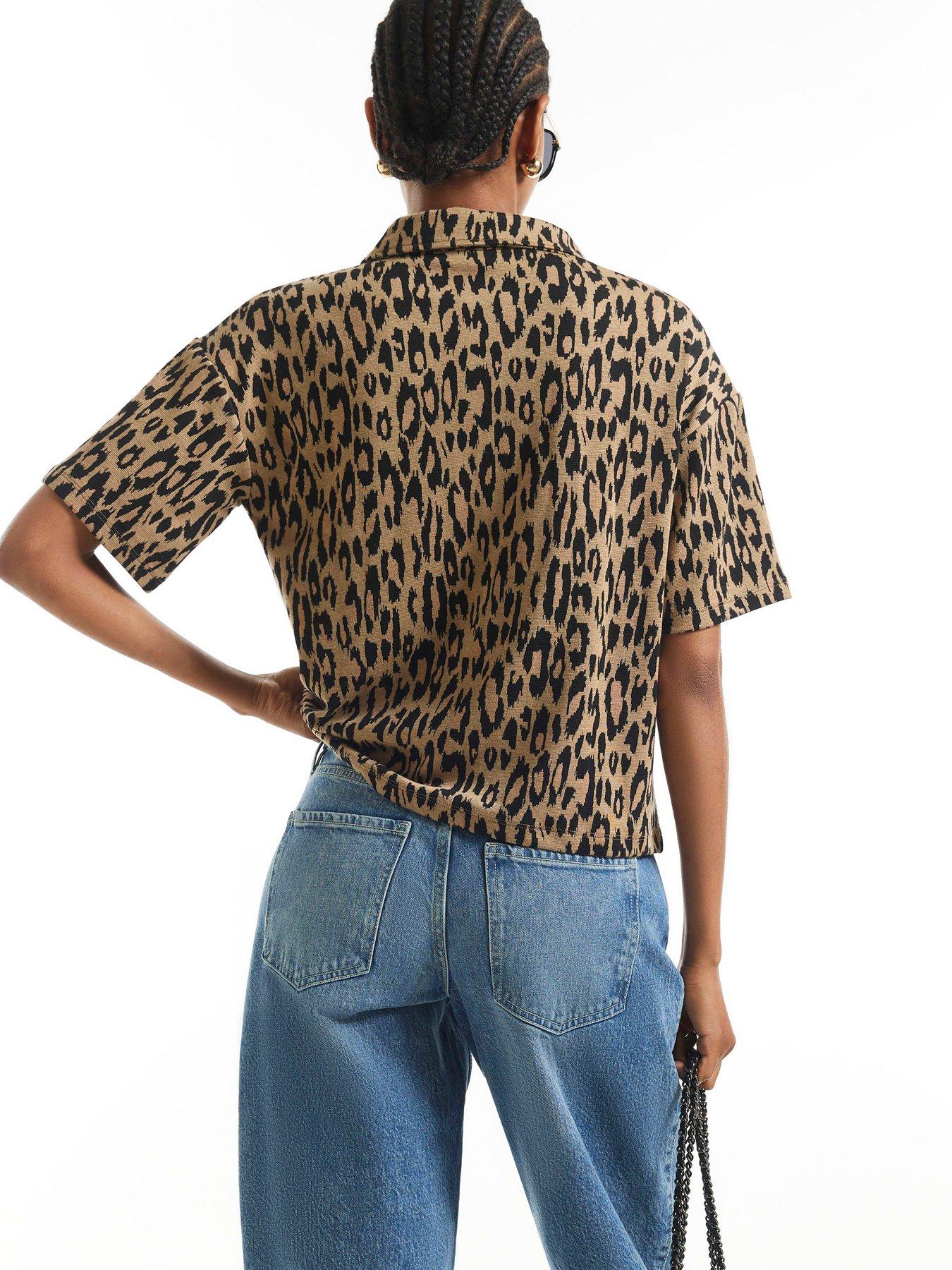 Image 2 of 6 of River Island Leopard Print Jacquard Polo Top - Brown