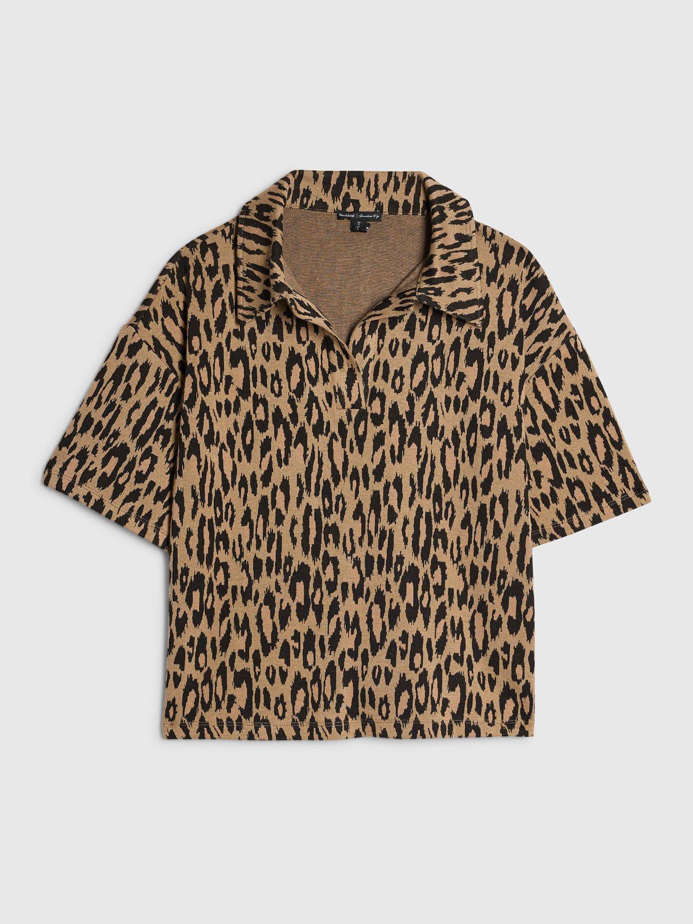 Image 5 of 6 of River Island Leopard Print Jacquard Polo Top - Brown