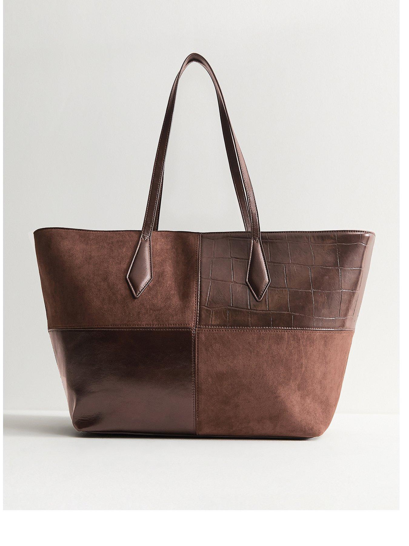 Image 1 of 4 of New Look Faux Leather Patchwork Shopper Tote Bag - Brown