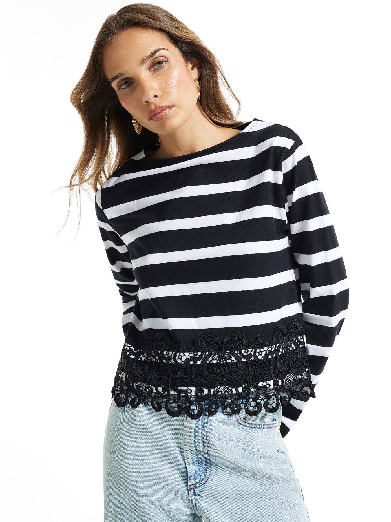 Image 1 of 6 of River Island Womens Striped Lace Hem Long Sleeve Blouse - Black