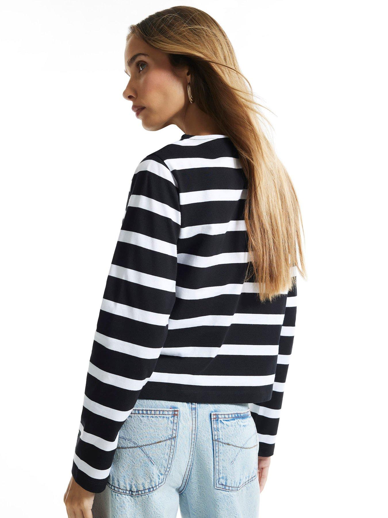 Image 2 of 6 of River Island Womens Striped Lace Hem Long Sleeve Blouse - Black