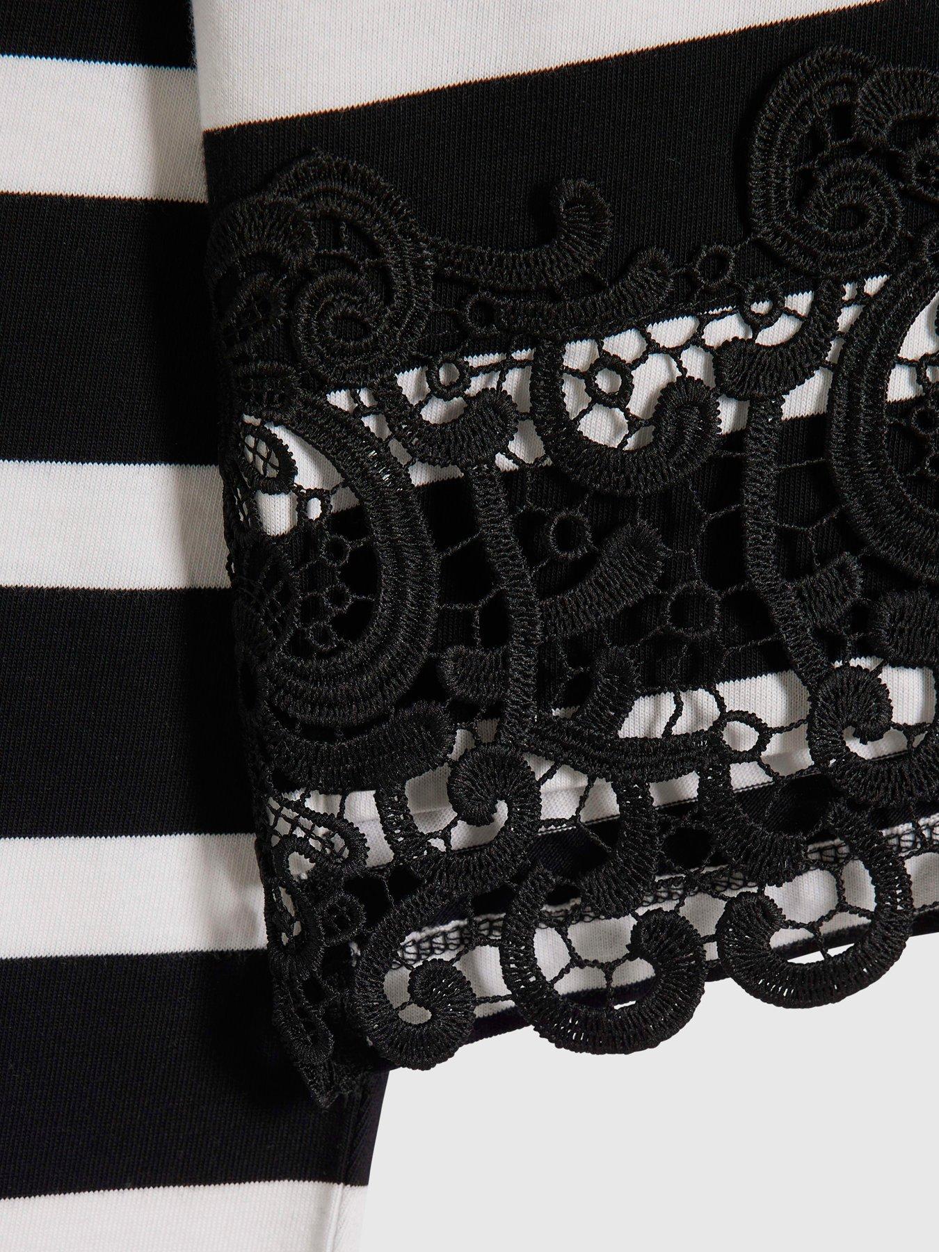 Image 5 of 6 of River Island Womens Striped Lace Hem Long Sleeve Blouse - Black